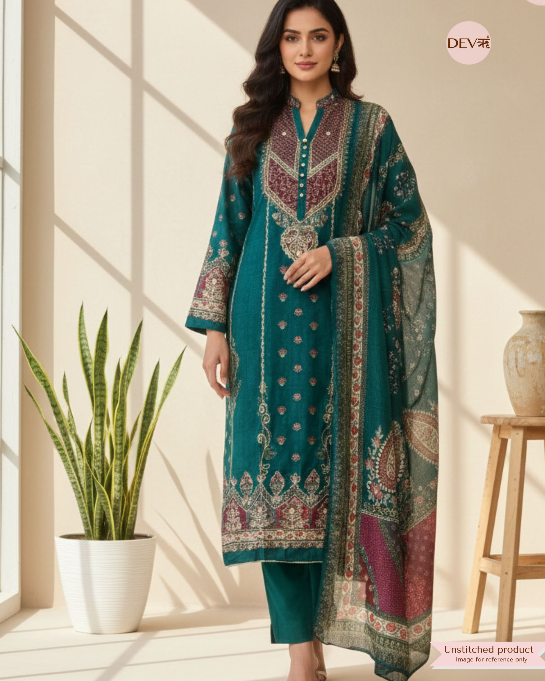 Teal Pure Muslin Printed Unstitched 3-Piece Suit (Devri – D.No 12227)