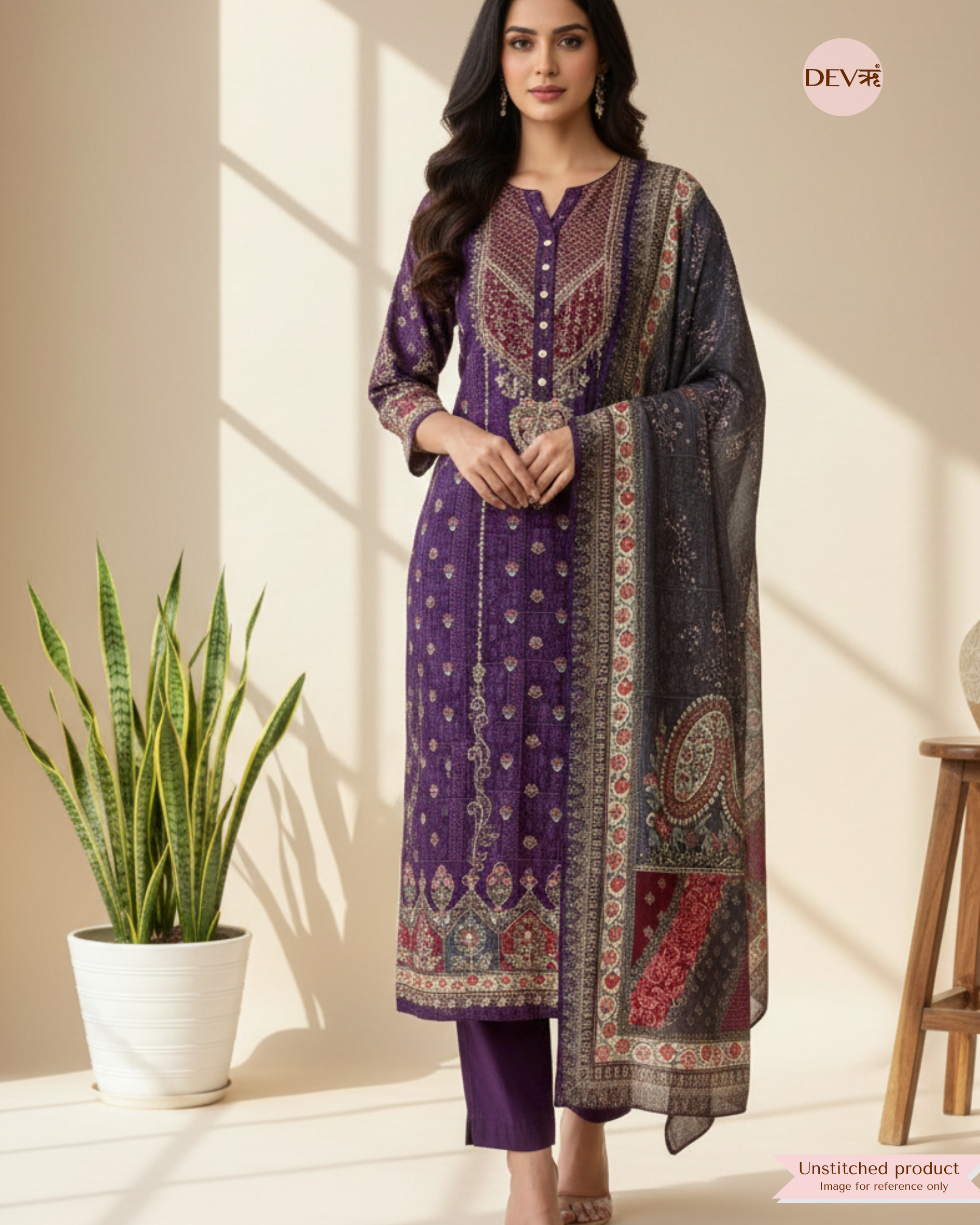 Purple Pure Muslin Printed Unstitched 3-Piece Suit (Devri – D.No 12228)