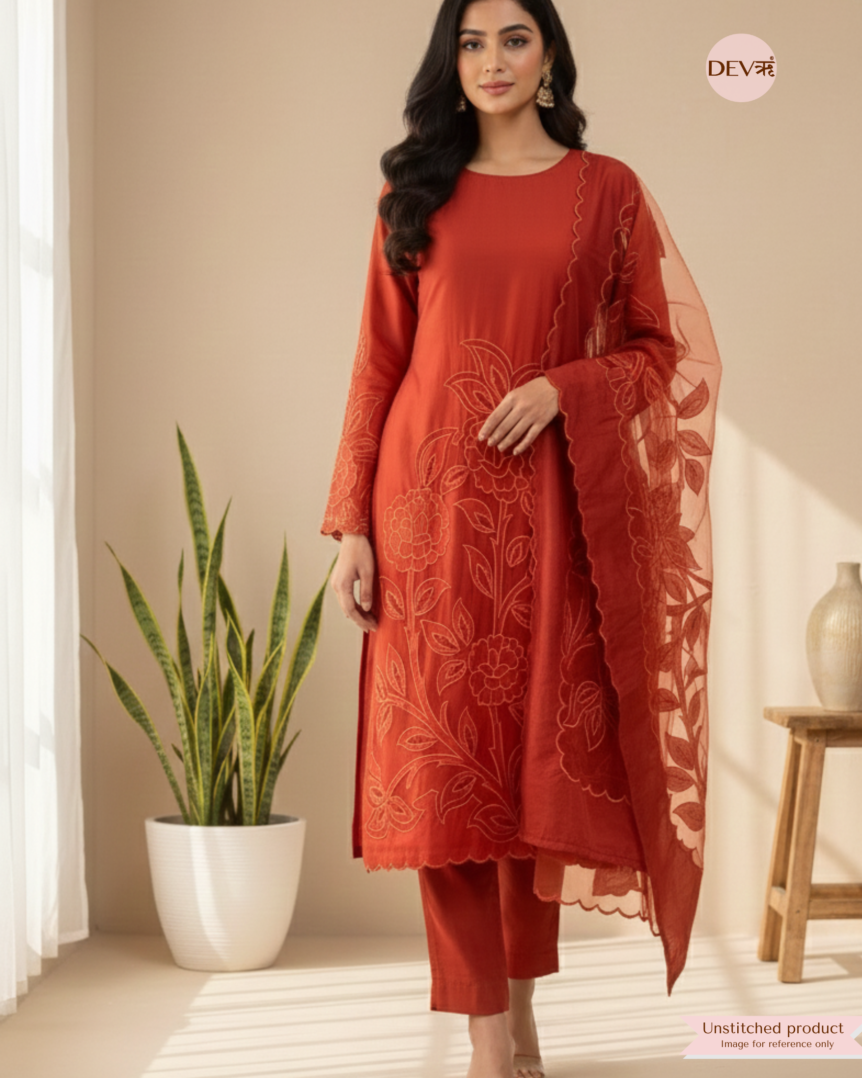 Rust Modal Silk Embroidered Unstitched 3-Piece Suit (Devri – D.No 12395)