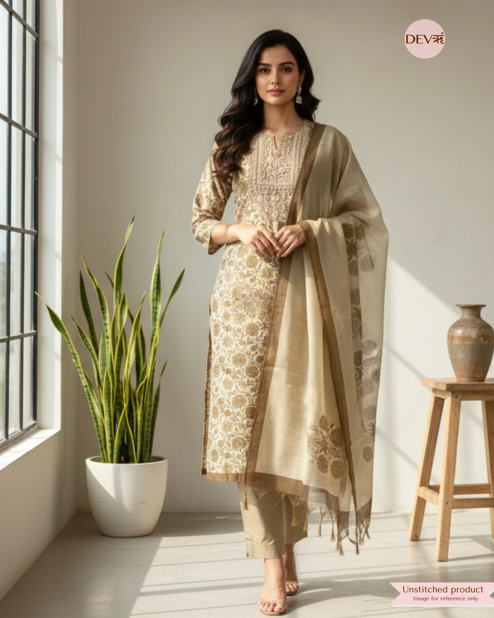 Ivory Beige Tissue Silk Embroidered Unstitched 3-Piece Suit (Devri – D.No 12350)