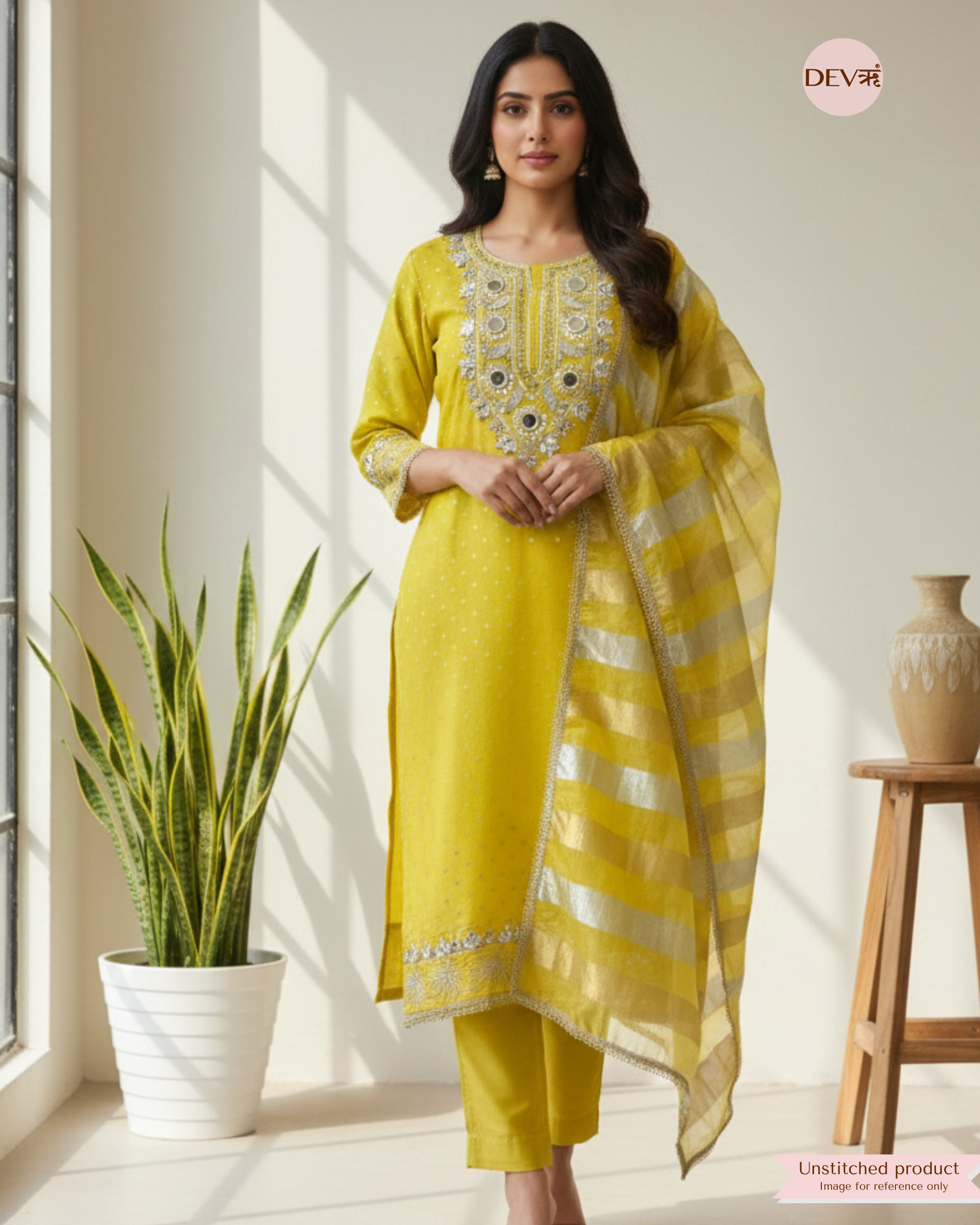 Sun Yellow Tissue Silk Embroidered Unstitched 3-Piece Suit (Devri – D.No 12379)