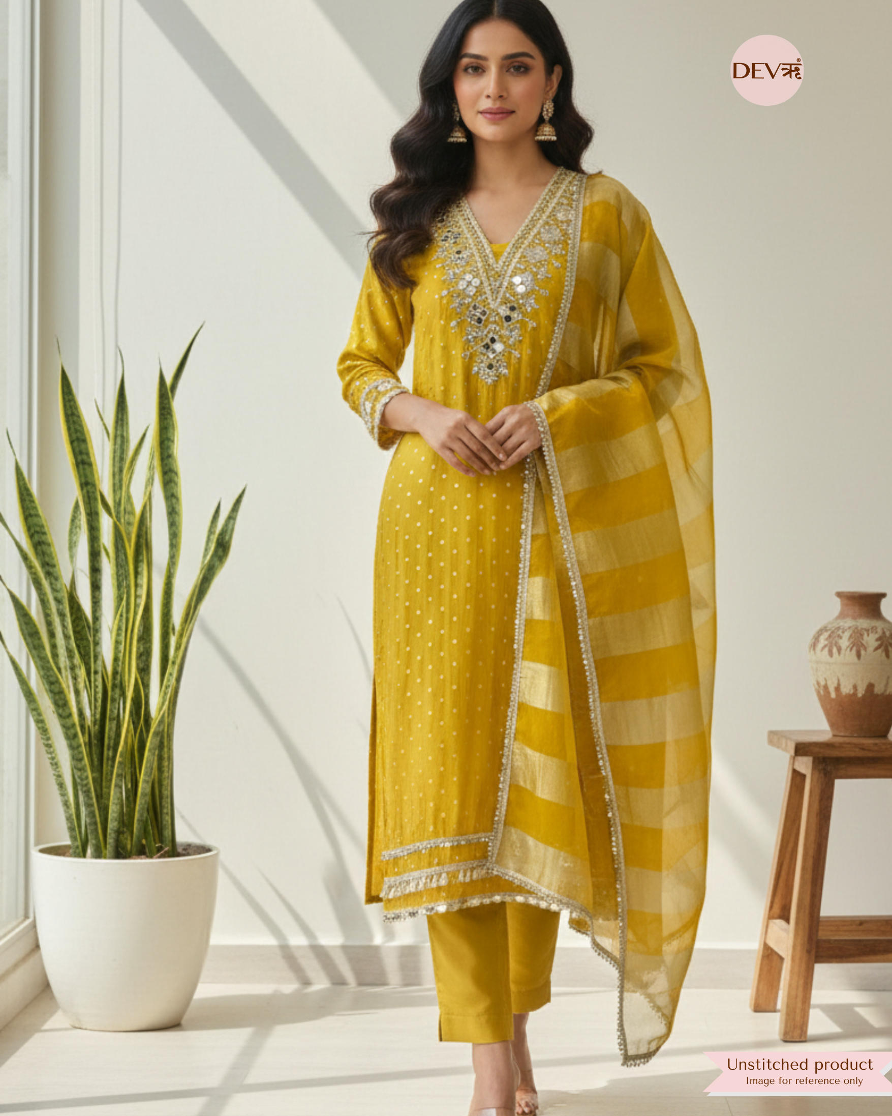 Mustard Yellow Tissue Silk Embroidered Unstitched 3-Piece Suit (Devri – D.No 12381)