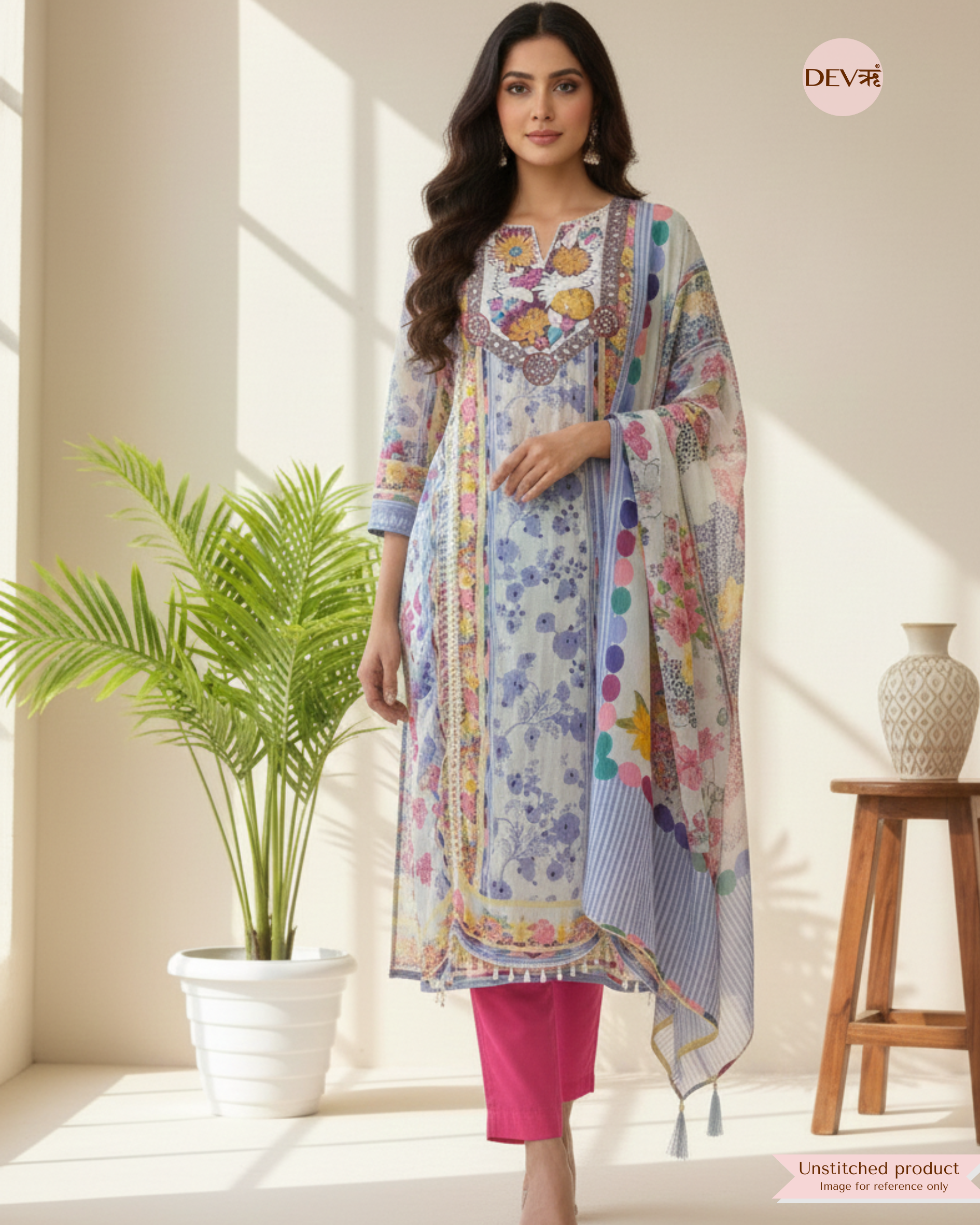Pastel Blue Organza Embroidered Unstitched 3-Piece Suit (Devri – D.No 12357)