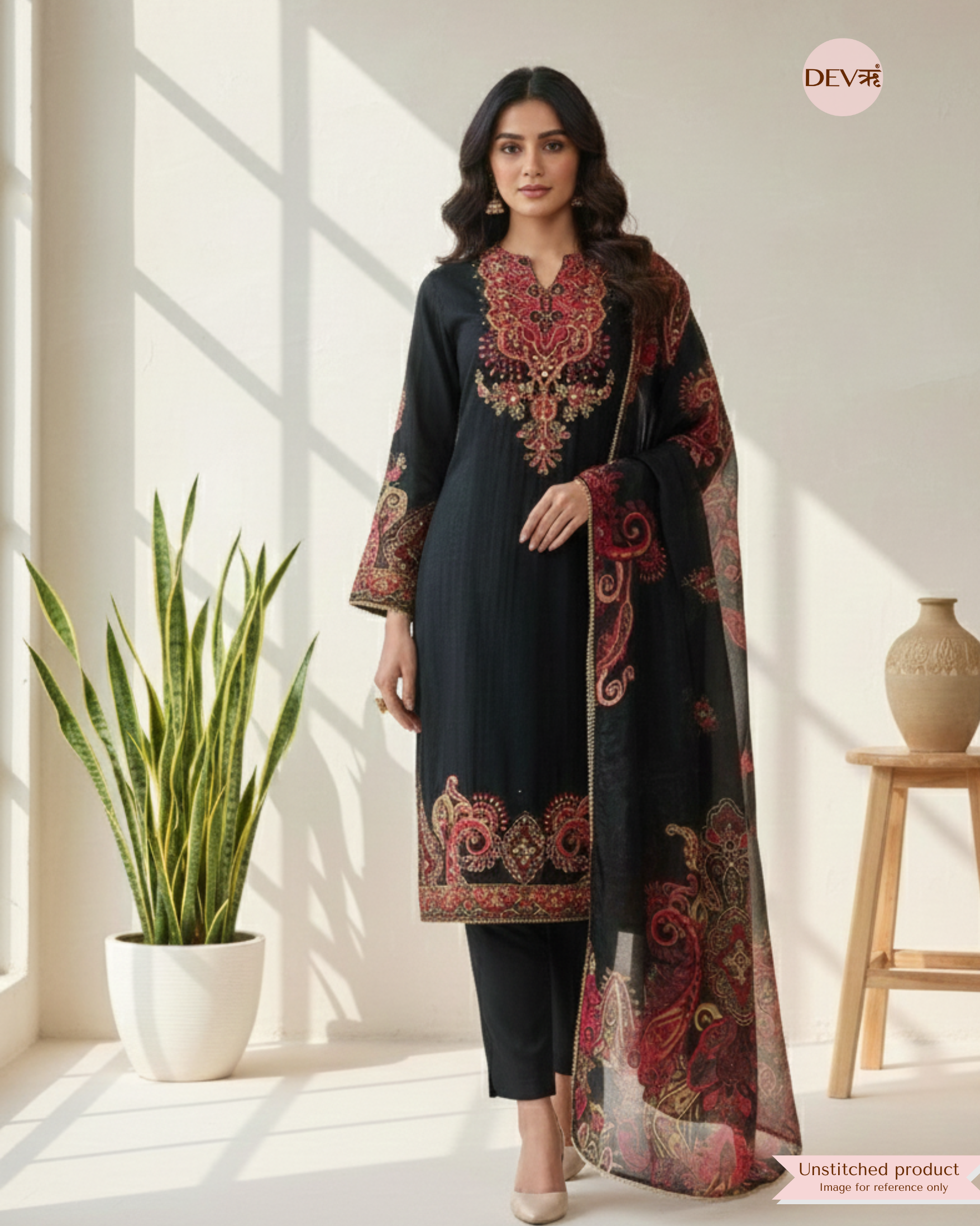 Black Organza Silk Embroidered Unstitched 3-Piece Suit (Devri – D.No 12392)