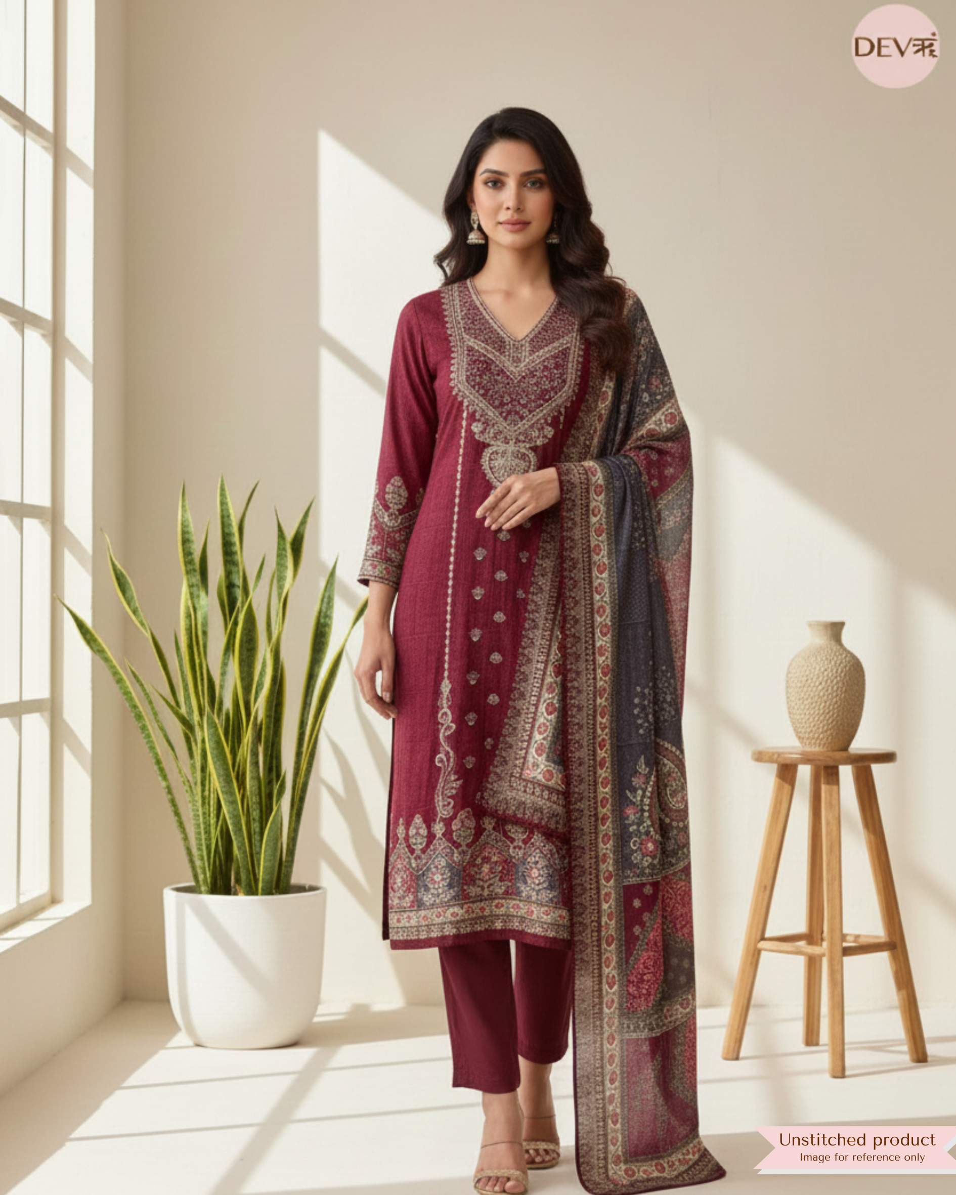 Maroon Pure Muslin Printed Unstitched 3-Piece Suit (Devri – D.No 12225)