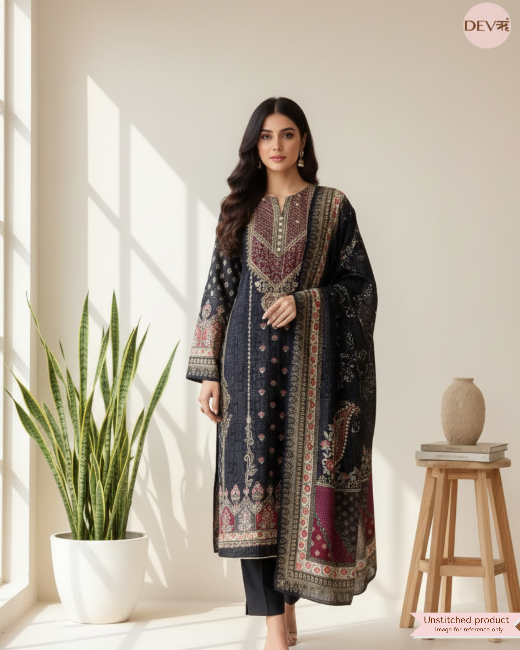 Black Pure Muslin Printed Unstitched 3-Piece Suit (Devri – D.No 12226)