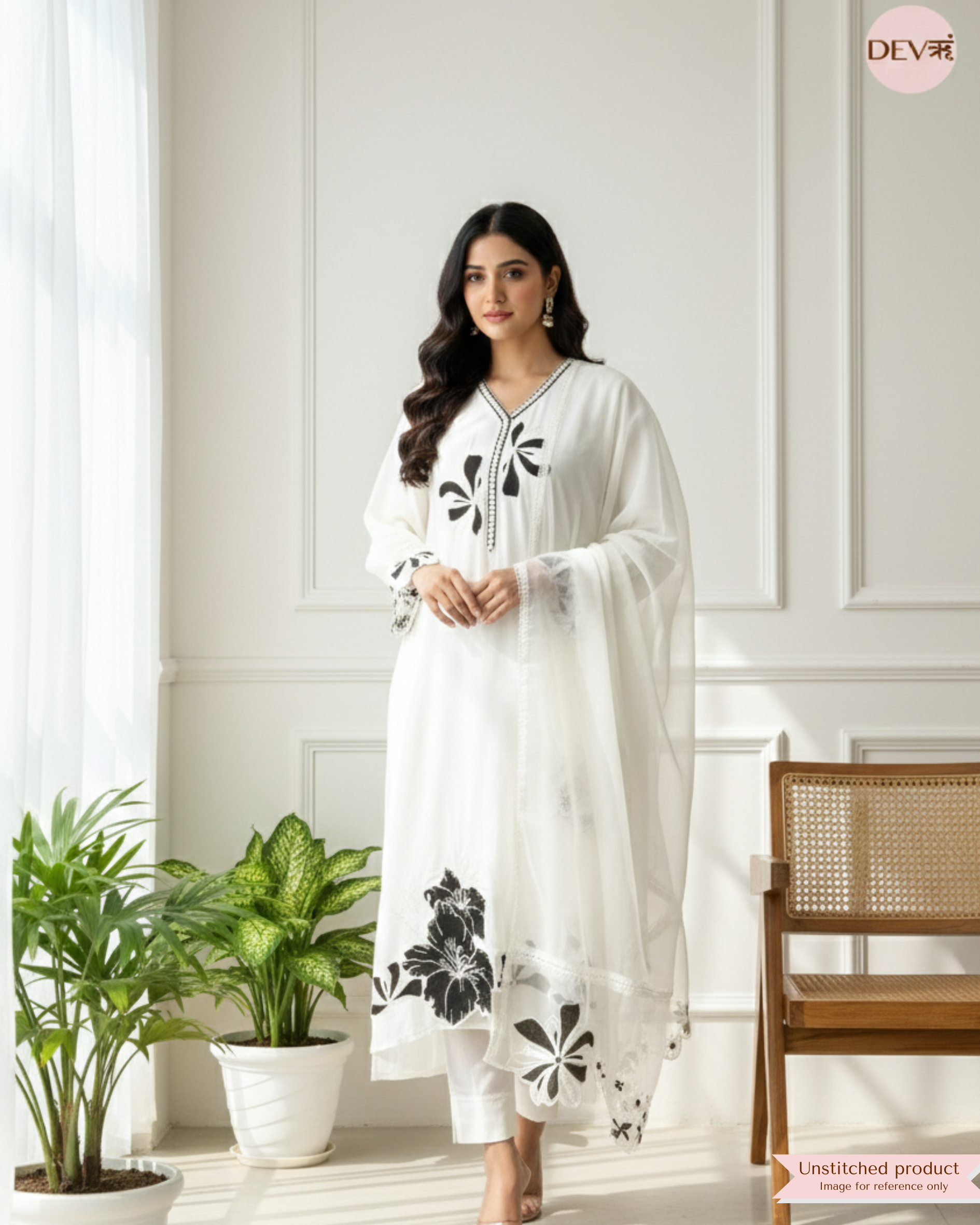 White Muslin Embroidered Unstitched 3-Piece Suit (Devri – D.No 12399)