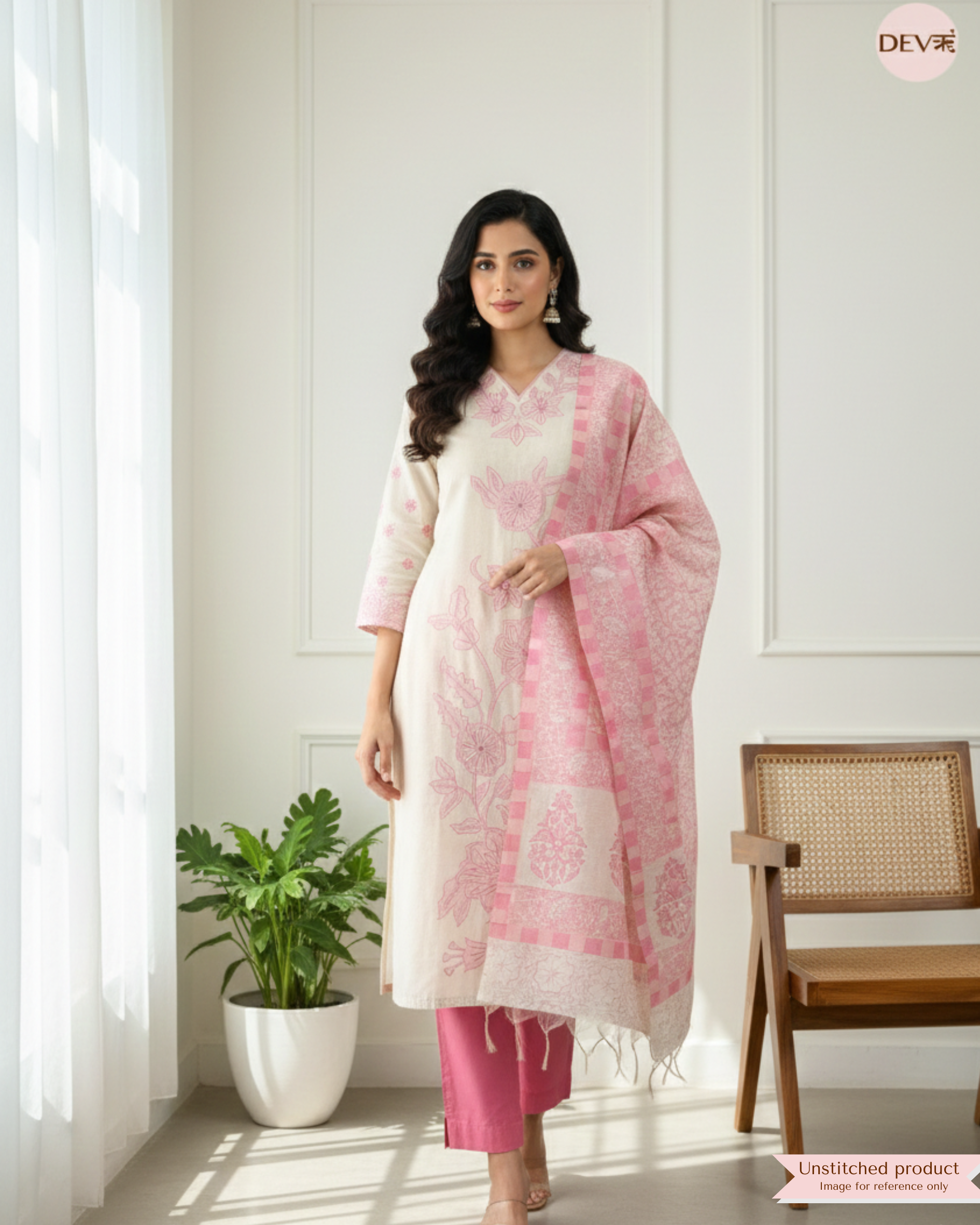 Beby pink Pure Linen Cotton Embroidered Unstitched 3-Piece Suit (Devri – D.No 20005)