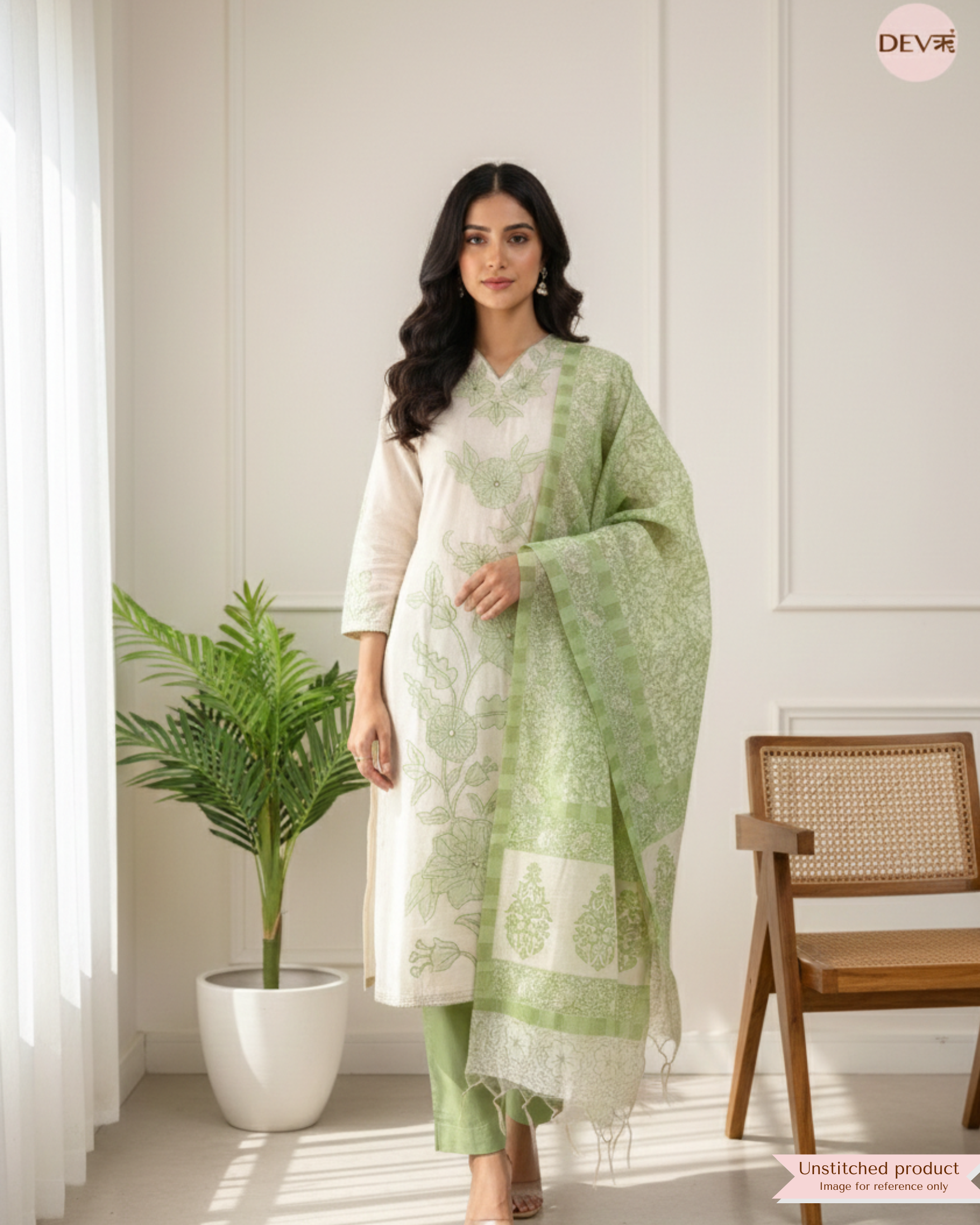 Green Pure Linen Cotton Embroidered Unstitched 3-Piece Suit (Devri – D.No 20004)