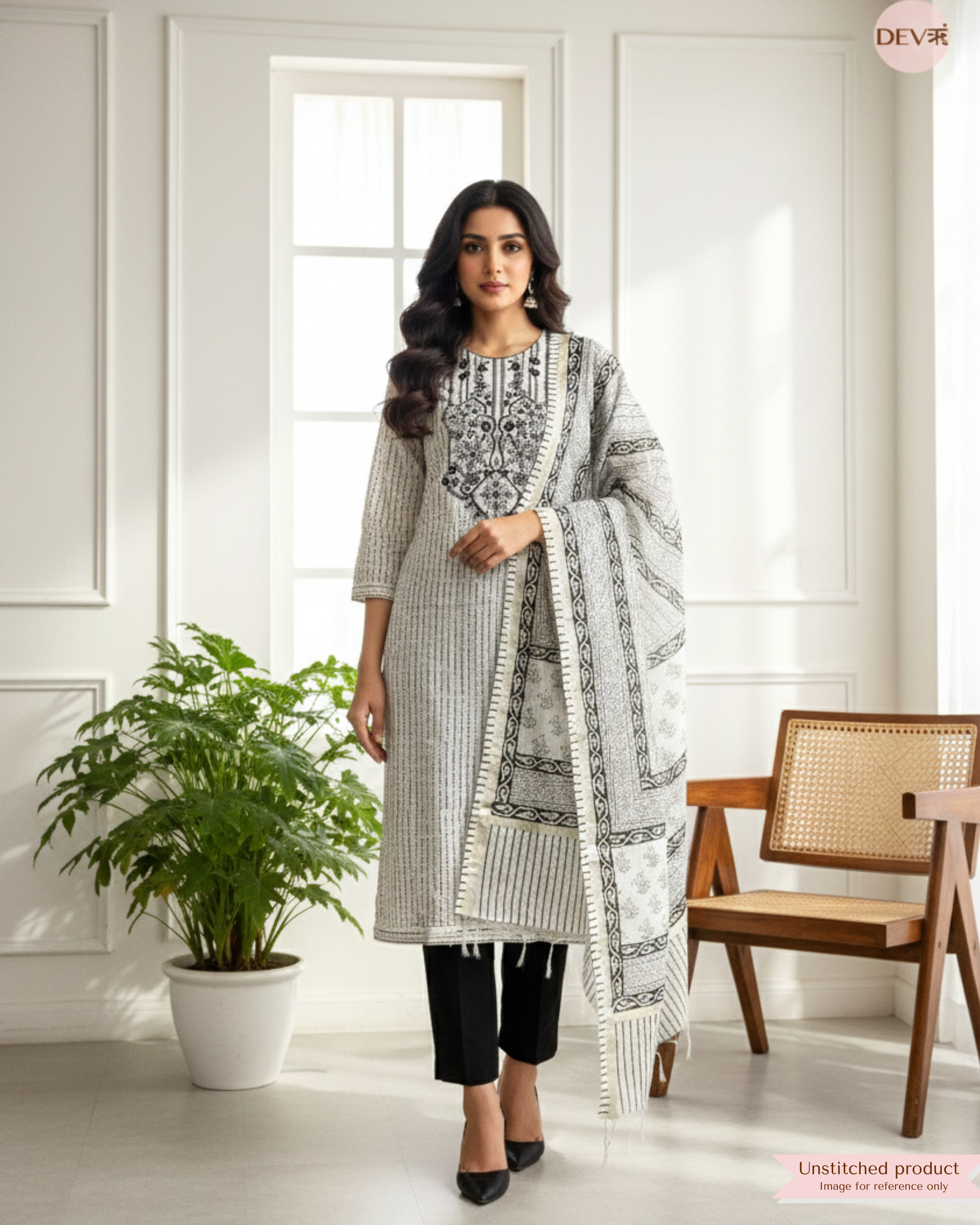 Black and White Pure Linen Cotton Embroidered Unstitched 3-Piece Suit (Devri – D.No 20006)