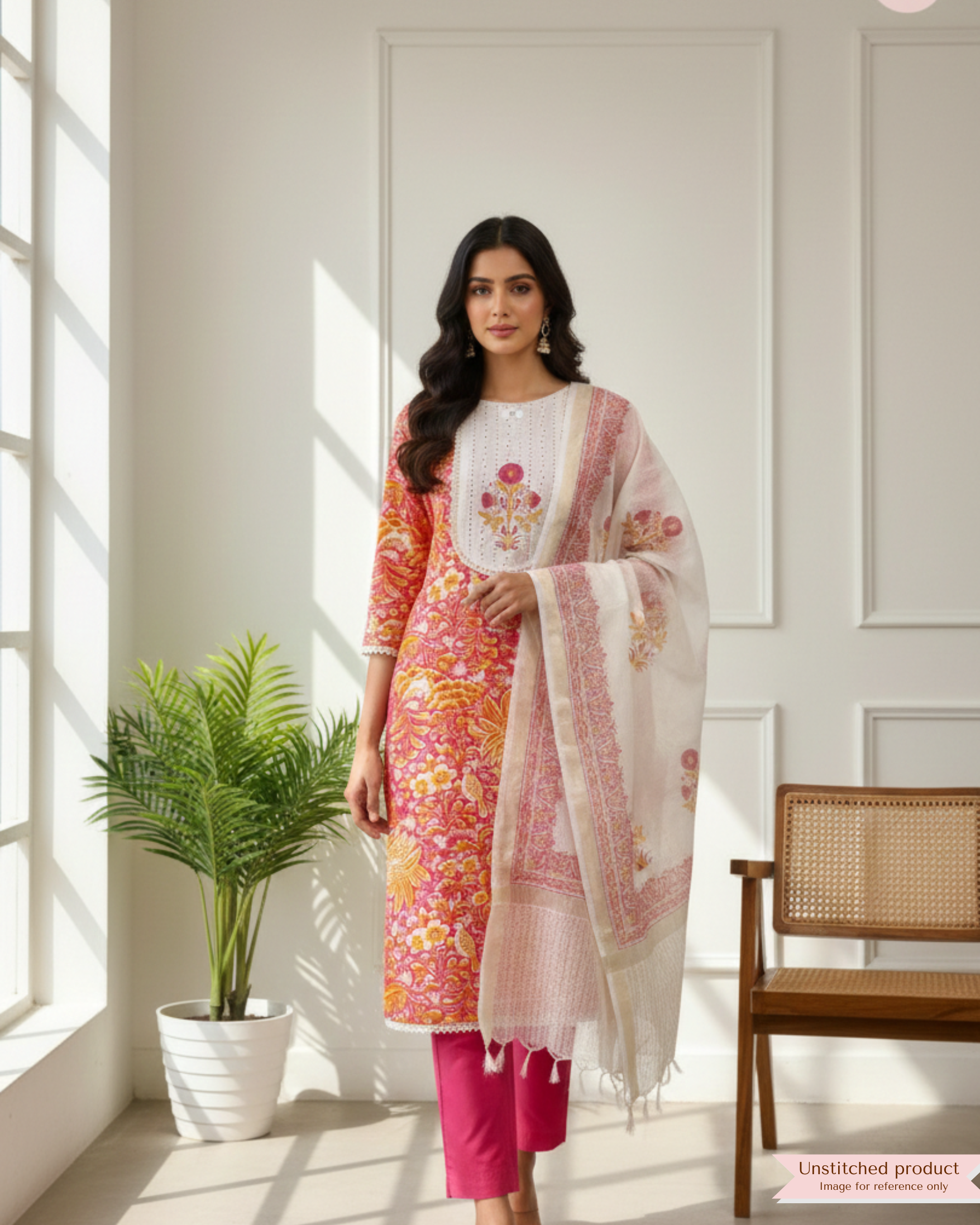 Pink and Mustard Pure Cotton Printed Unstitched 3-Piece Suit (Devri – D.No 20007)