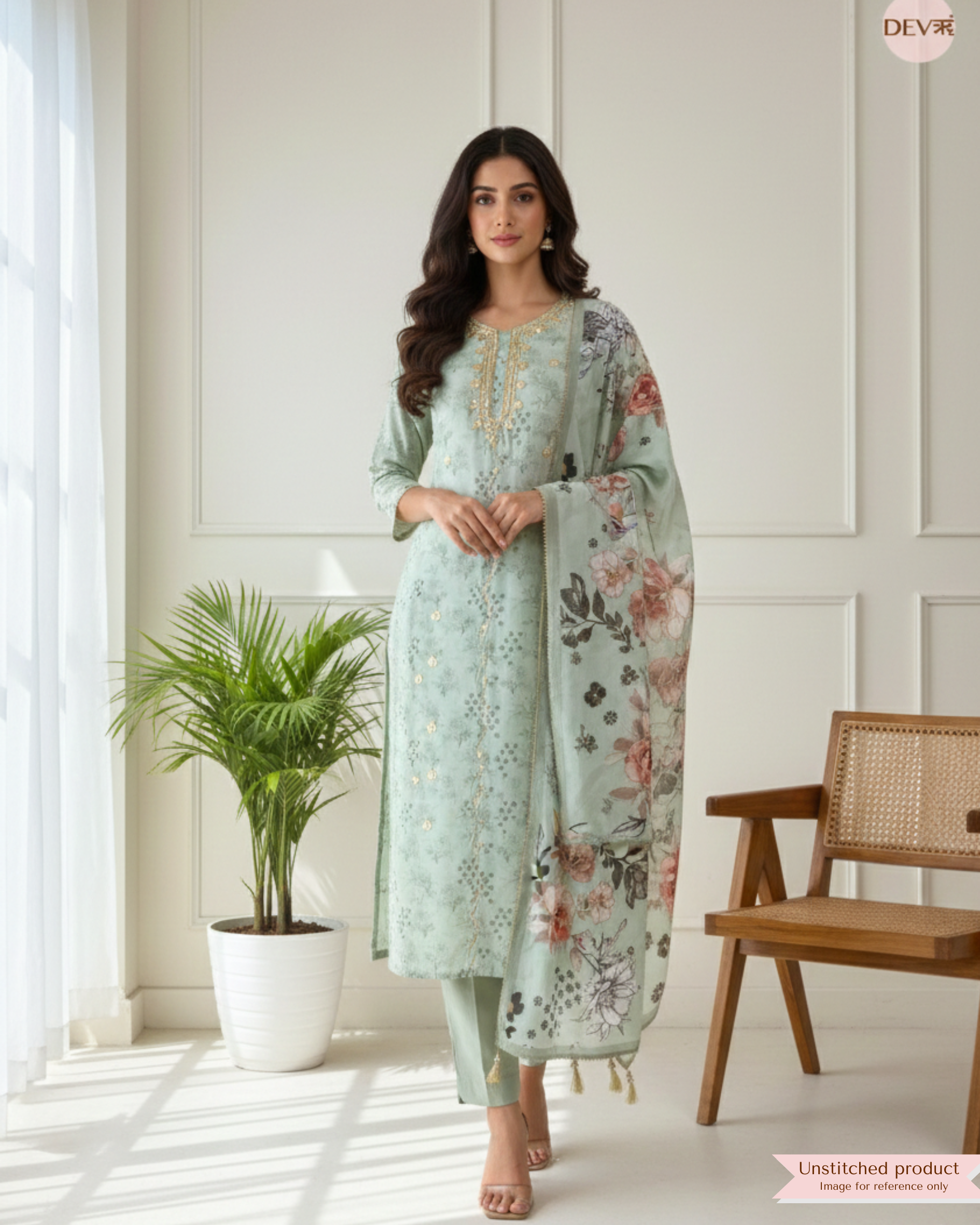 Mint Green Muslin Printed and Embroidered Unstitched 3-Piece Suit (Devri – D.No 20009)