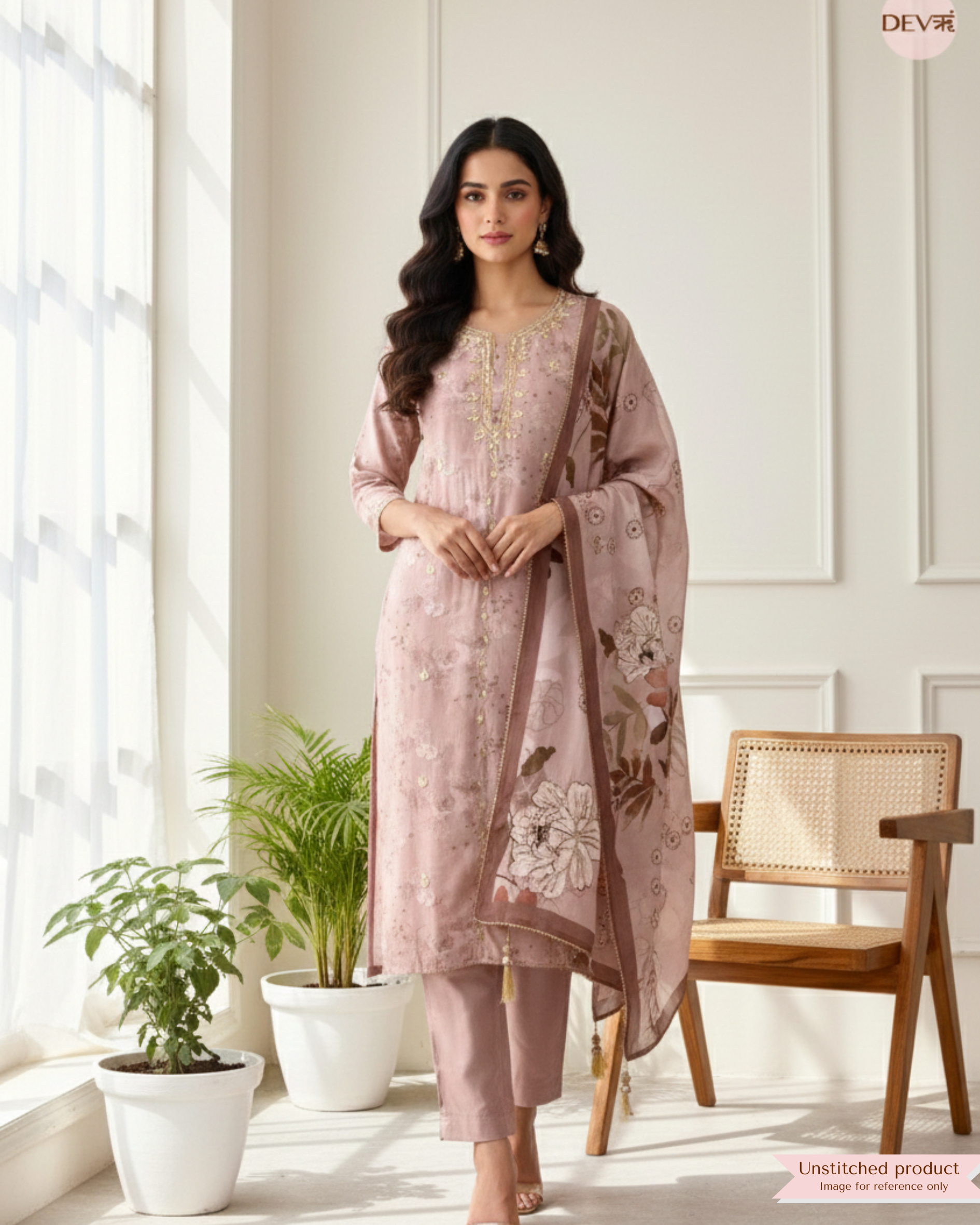 Mauve Muslin Hand Embroidered Unstitched 3-Piece Suit (Devri – D.No 20010)