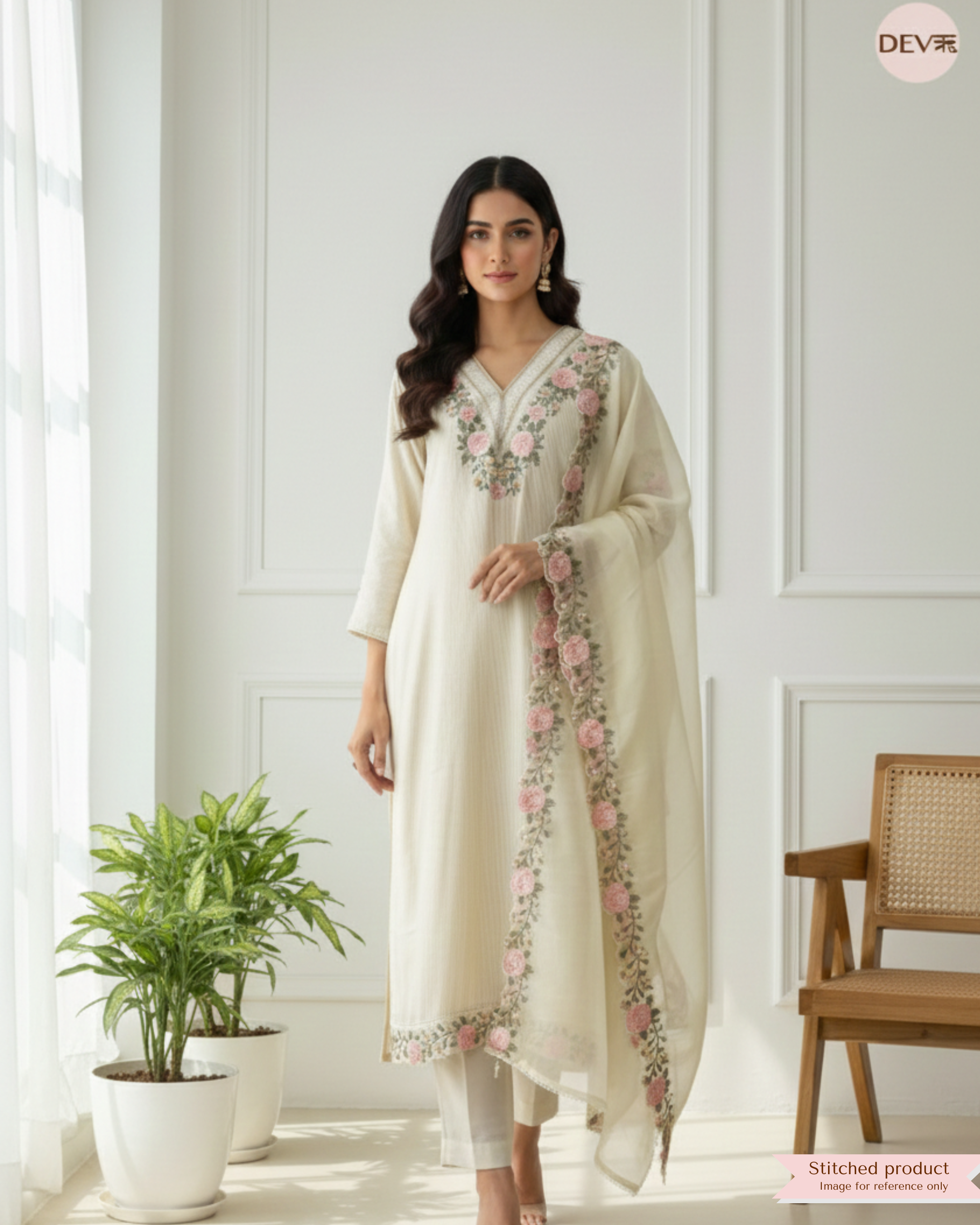 Noor-e-Mehr Tissue Silk Embroidered Blush 3-Piece Set (Devri – D.No 2040)