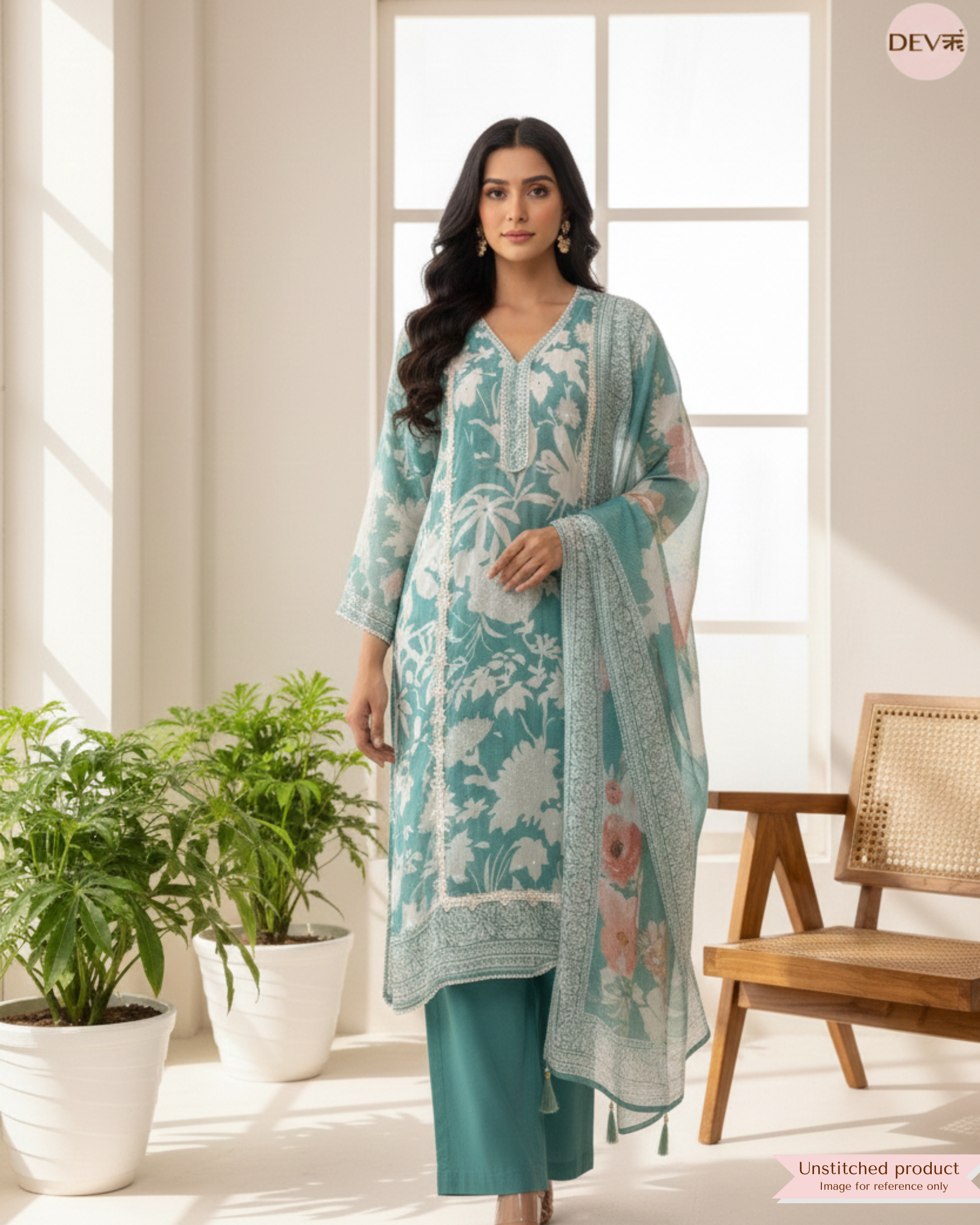 Sea Green Organza Printed Unstitched 3-Piece Suit (Devri – D.No 12384)