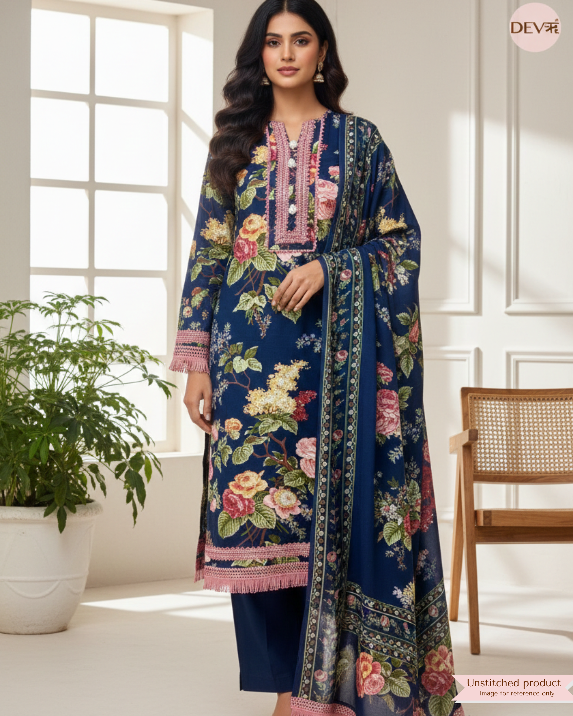 Indigo Meadow Pure Cotton Printed Unstitched 3-Piece Suit (Devri – D.No 20003)