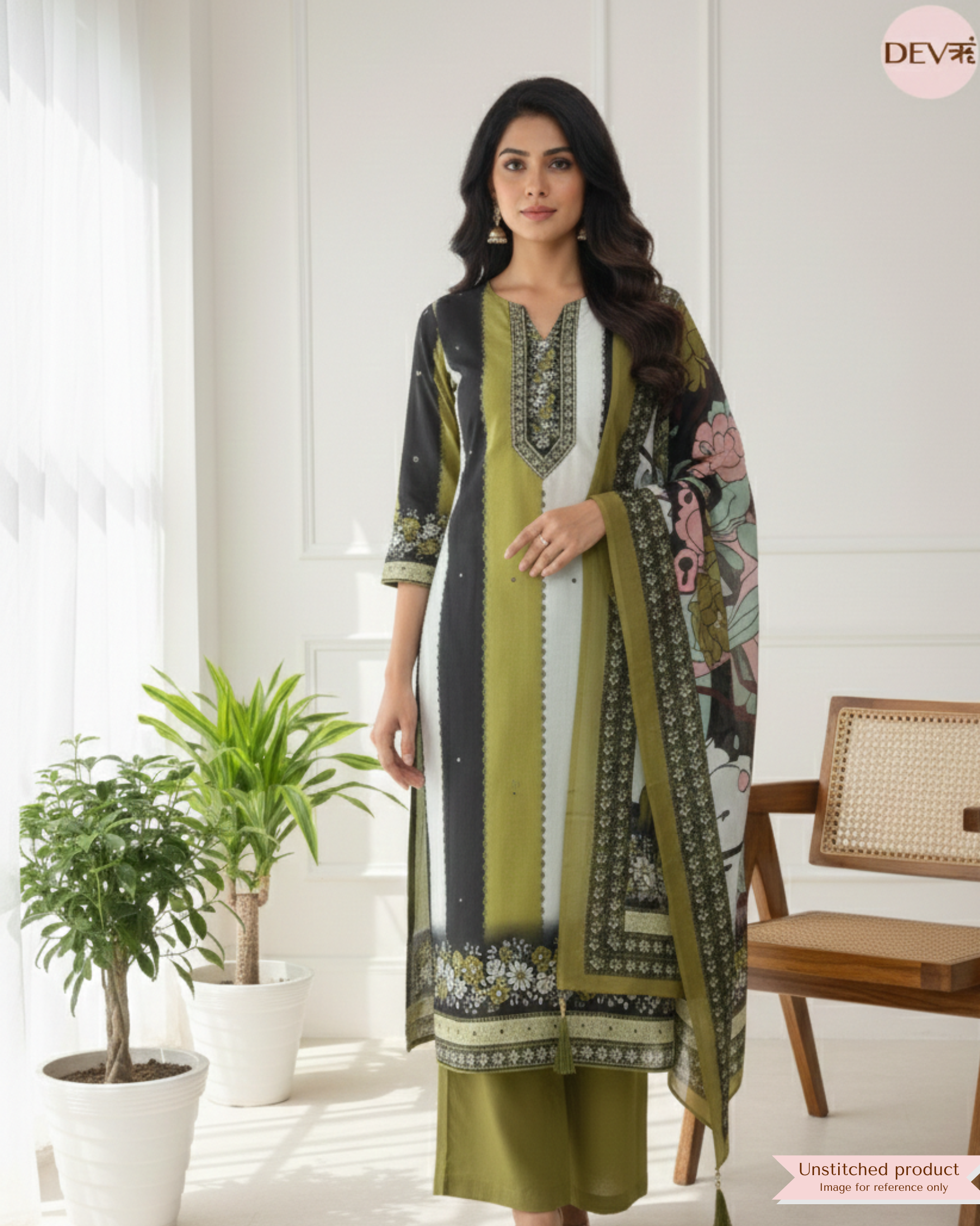 Multi Colour Cotton Unstitched Embroidered Printed -Set Of 3 {11740}