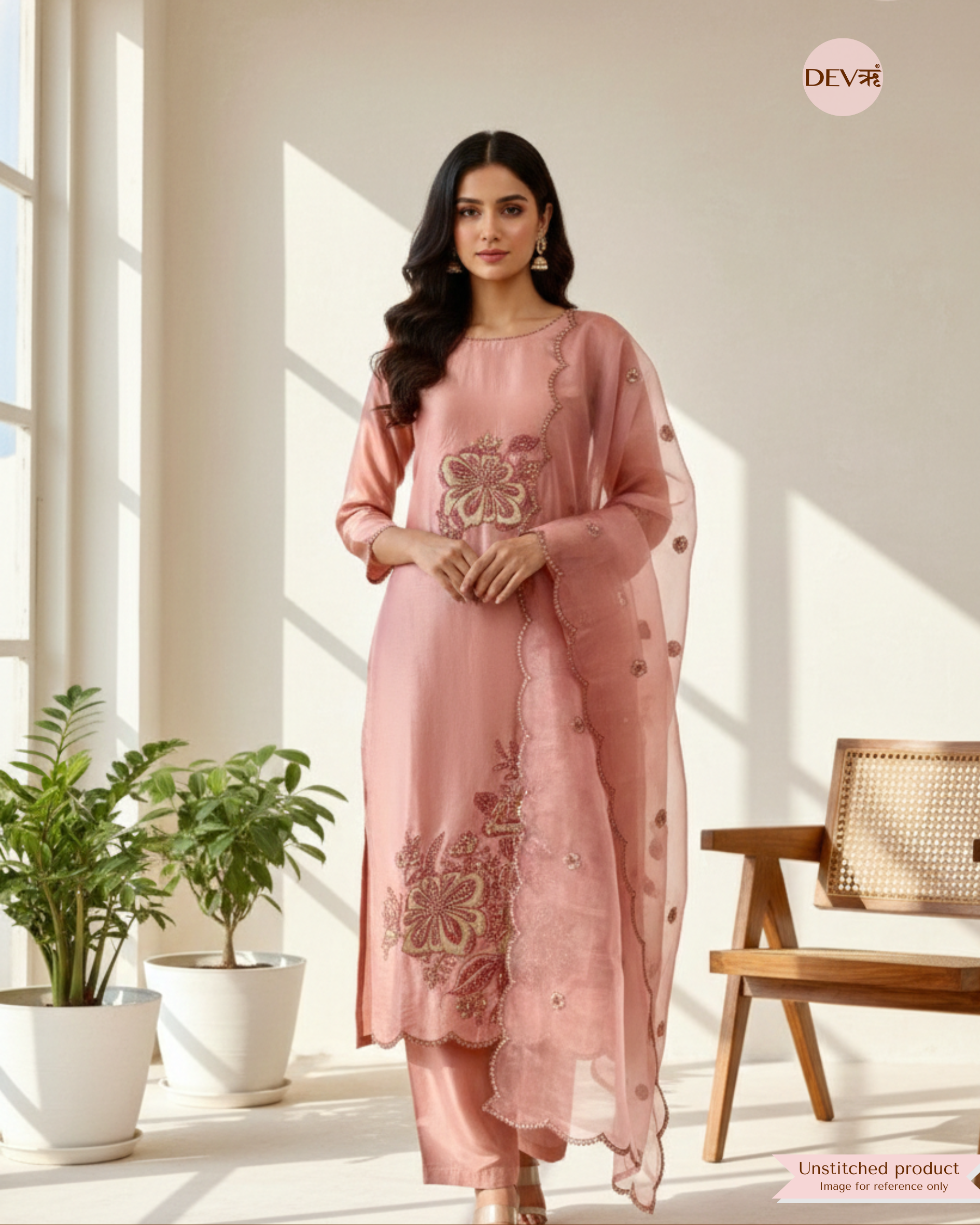 Light Pink Tissue Silk Unstitched Hand Embroidered -Set Of 3 {11511}