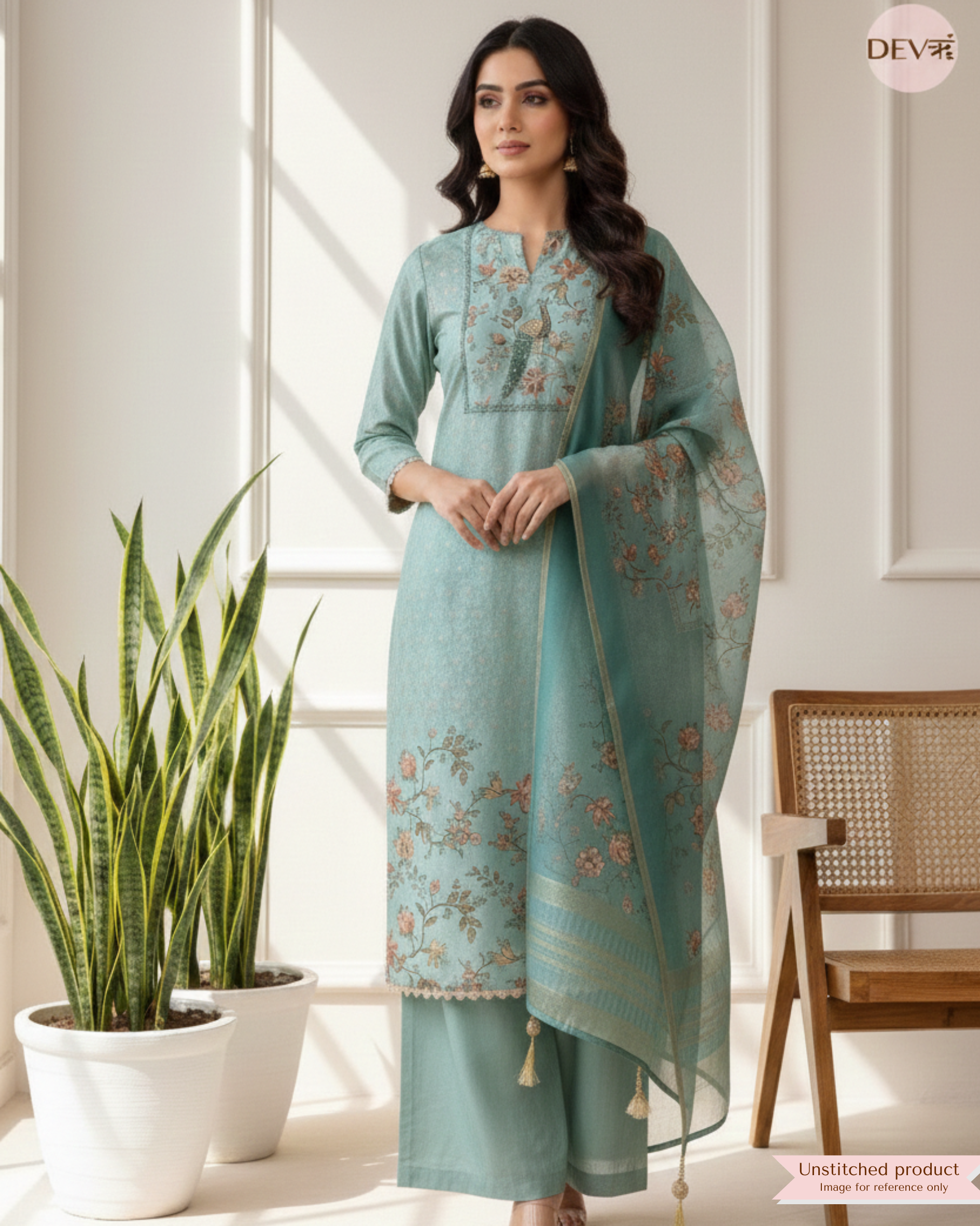 Sea Green Pure Chanderi Hand Embroidered Unstitched 3-Piece Suit (Devri – D.No 20014)