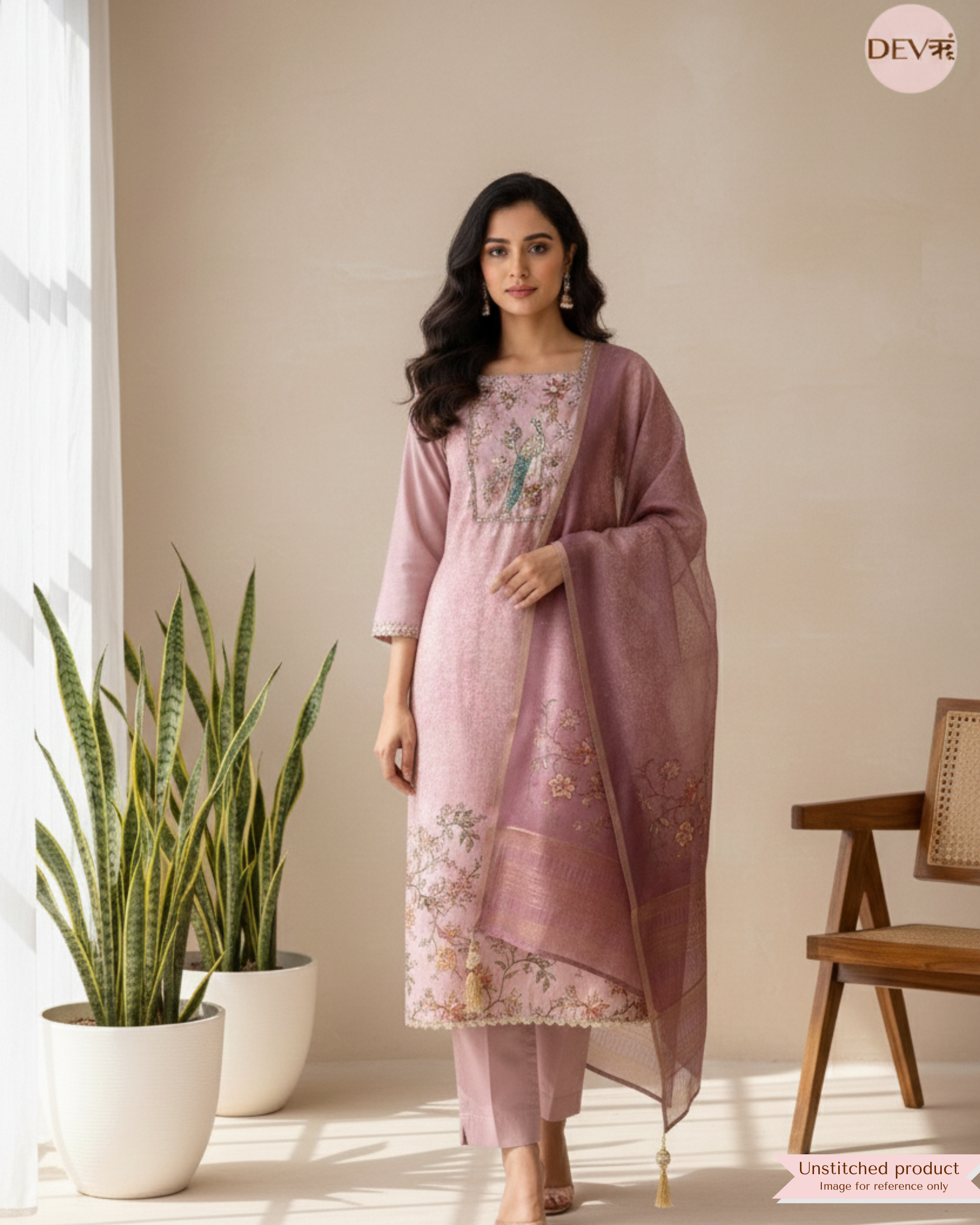 Lavender Pure Chanderi Hand Embroidered Unstitched 3-Piece Suit (Devri – D.No 20012)