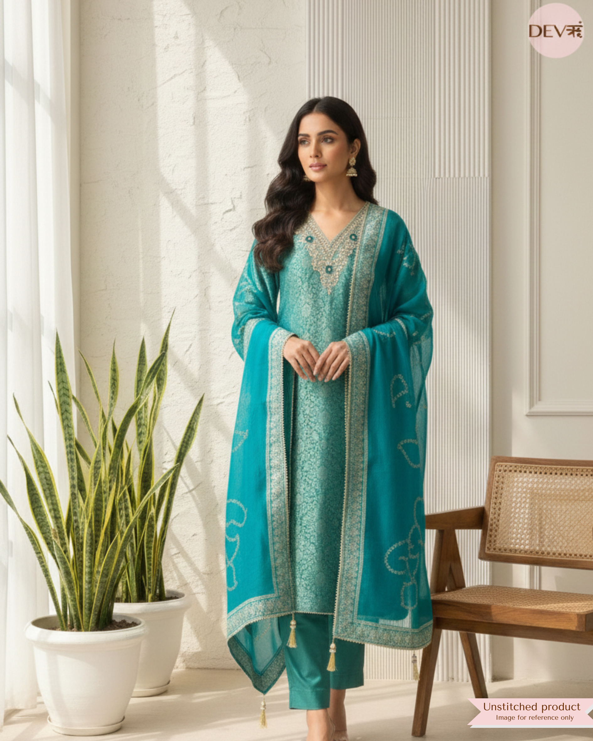 Teal Blue Tissue Jacquard Embroidered Unstitched 3-Piece Suit (Devri – D.No 20019)