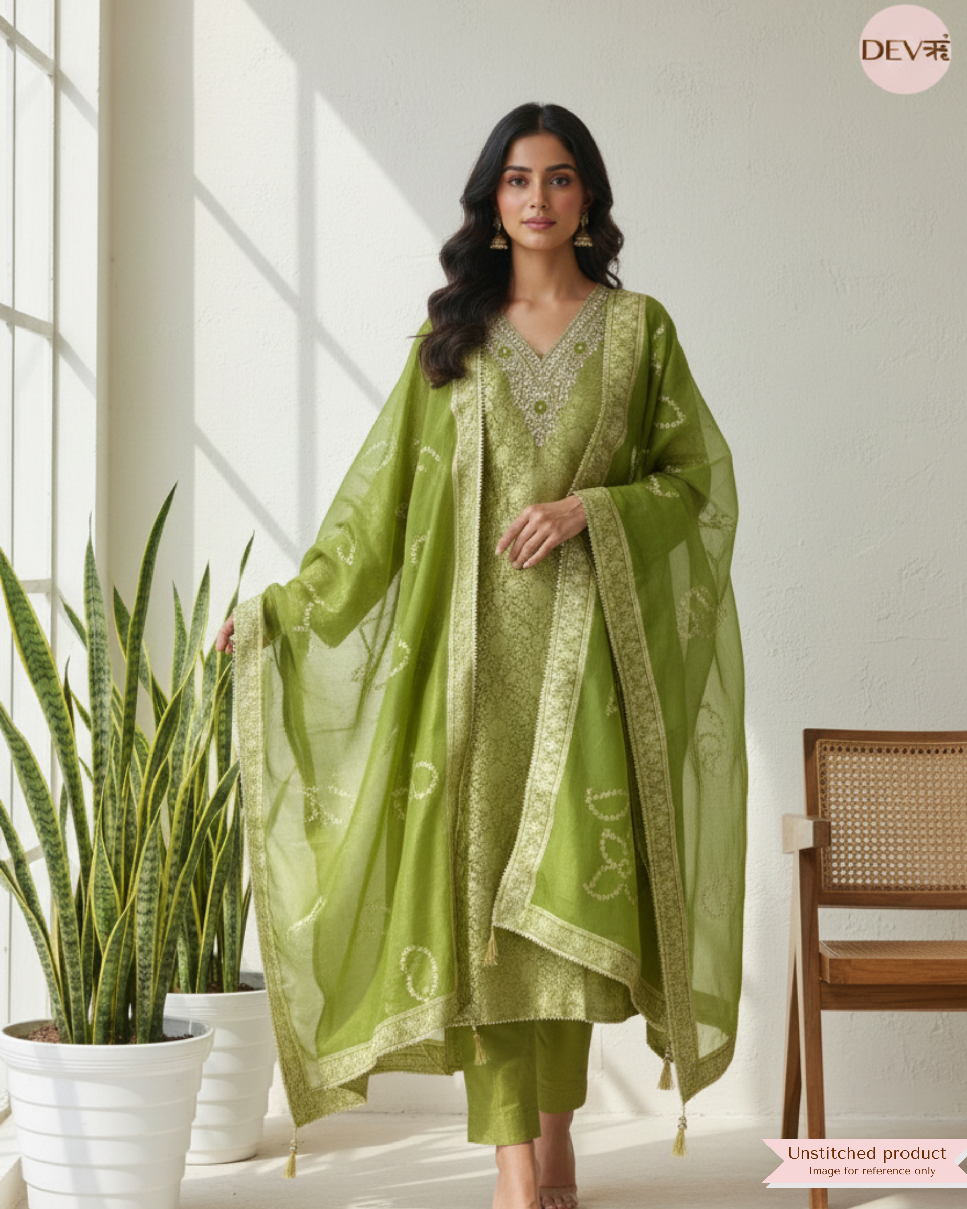 Olive Green Tissue Jacquard Embroidered Unstitched 3-Piece Suit (Devri – D.No 20020)