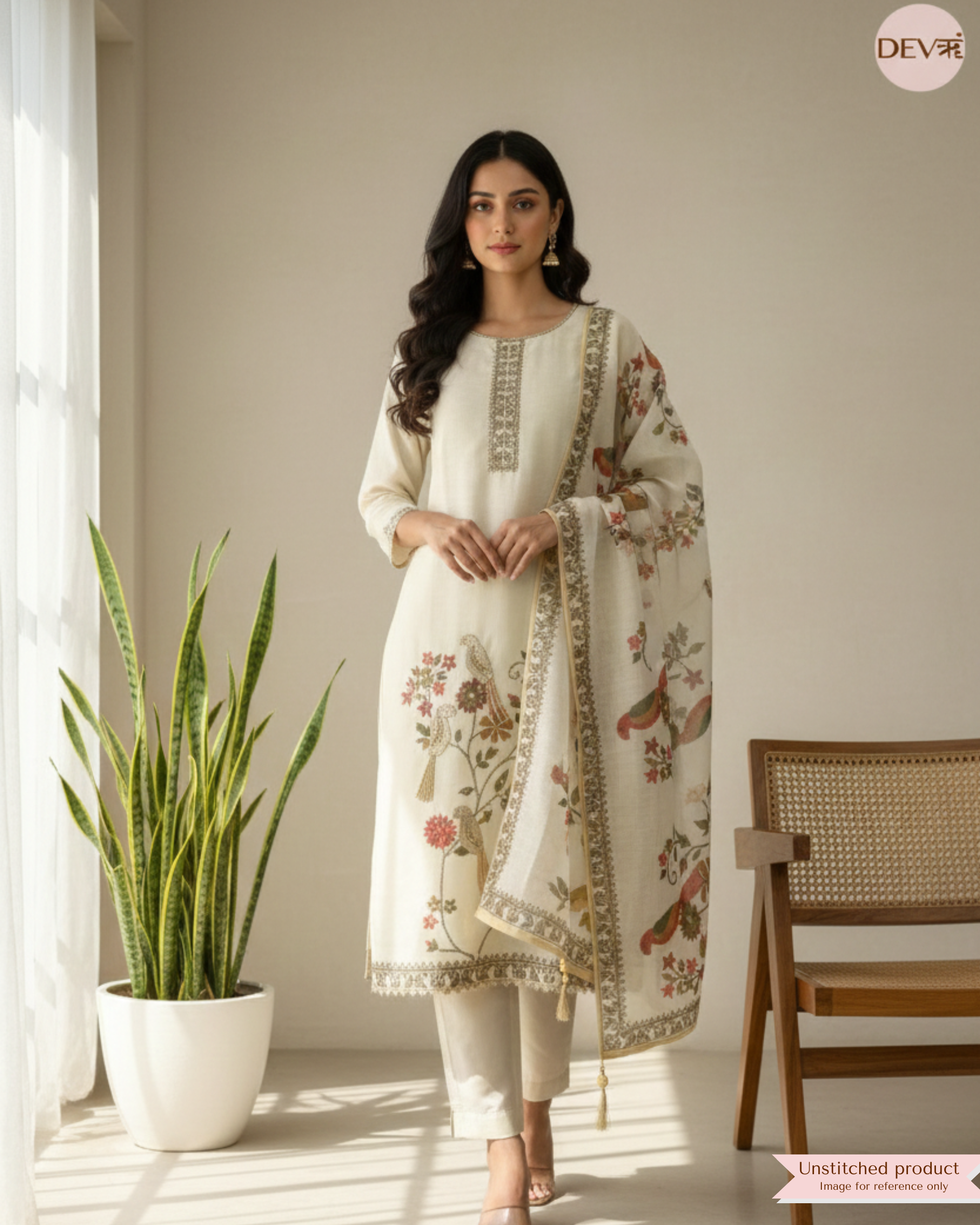 Ivory Linen Cotton Embroidered Unstitched 3-Piece Suit (Devri – D.No 20025
