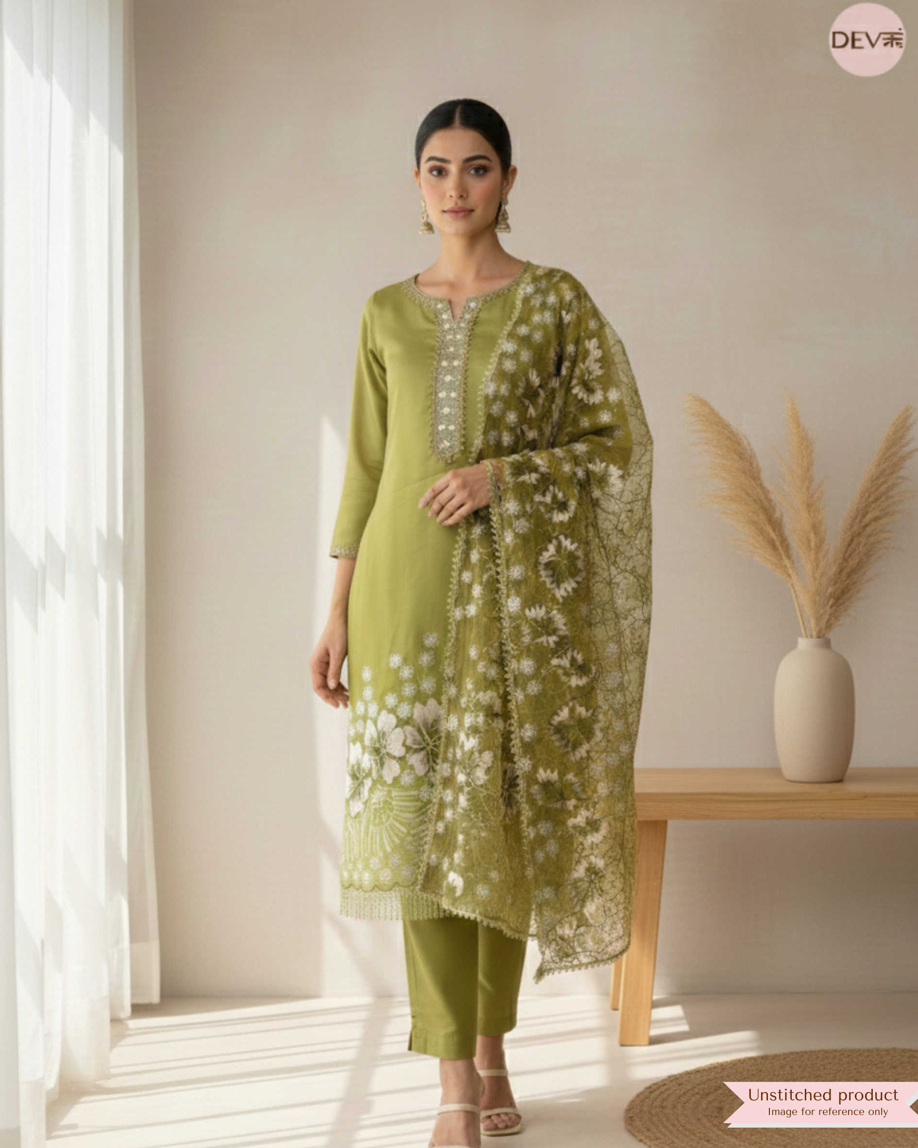 Olive Tissue Silk Embroidered Unstitched 3-Piece Suit (Devri – D.No 11788)