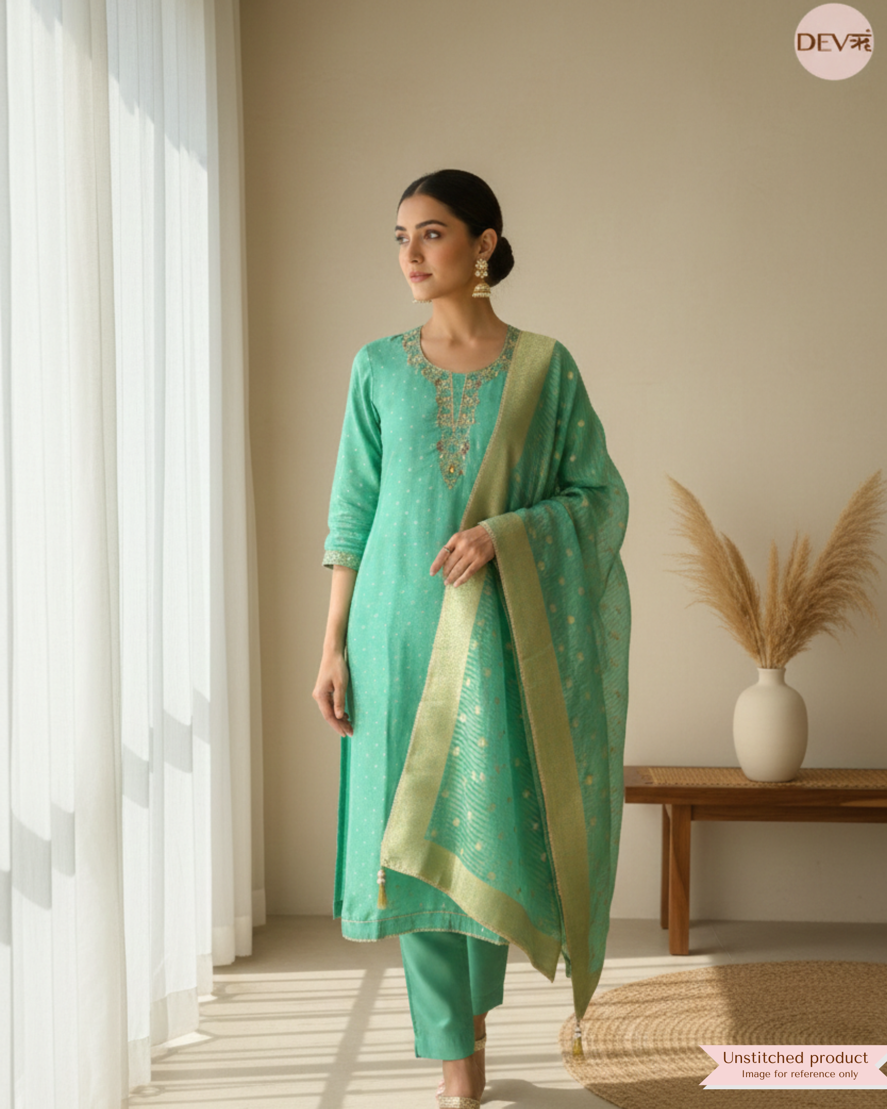 Green Pure Tissue Banarasi Silk Unstitched Hand Embroidered -Set Of 3 {11616}