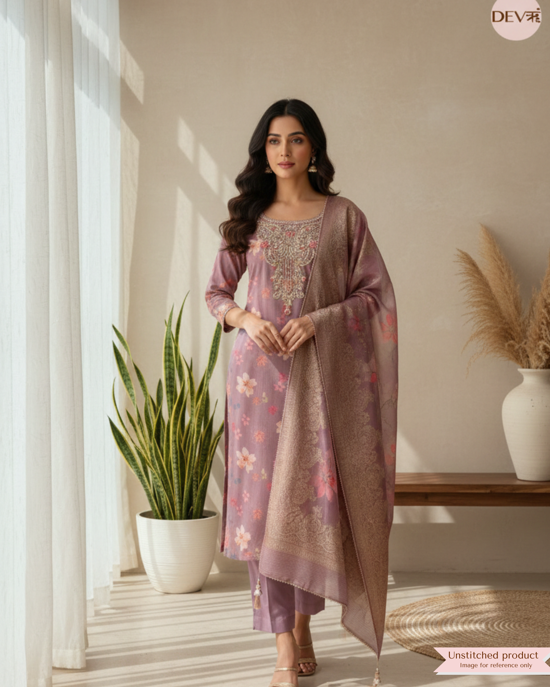 Purple Pure Tissue Silk Printed Unstitched Hand Embroidered -Set Of 3 {11547}