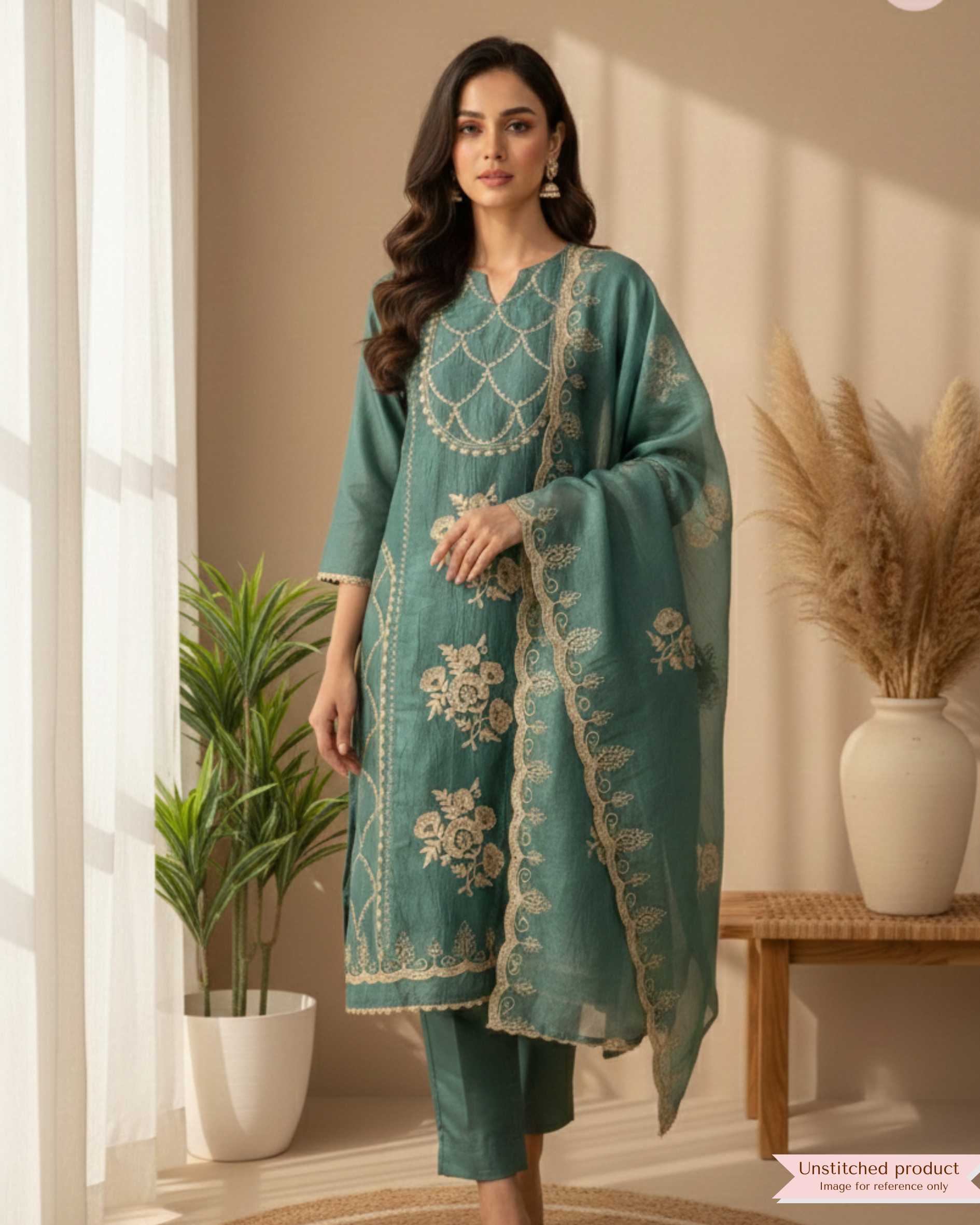 Green Tissue Crush Unstitched Embroidered -Set Of 3 {11679}