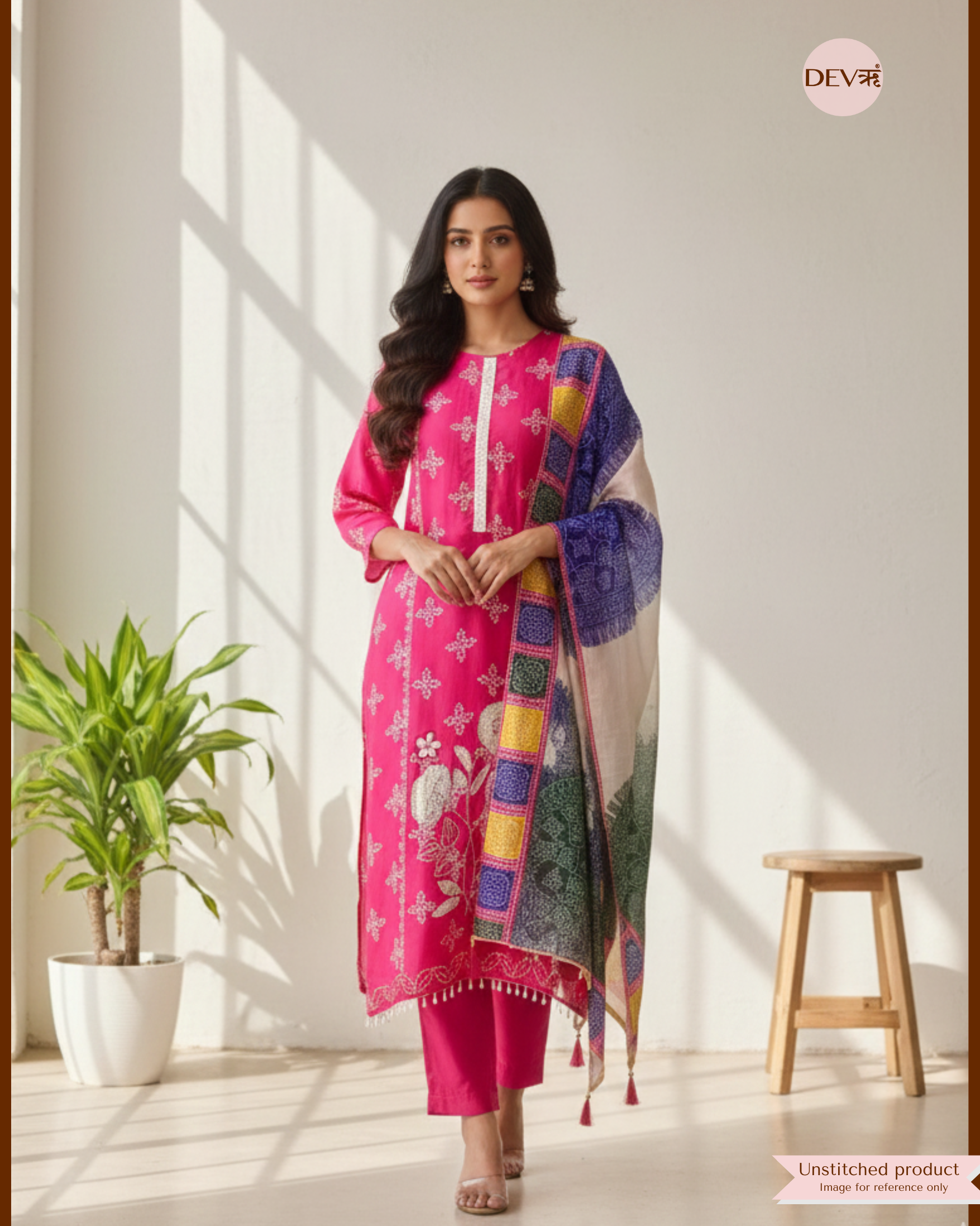 Fuchsia Organza Silk Embroidered Unstitched 3-Piece Suit (Devri – D.No 12356)