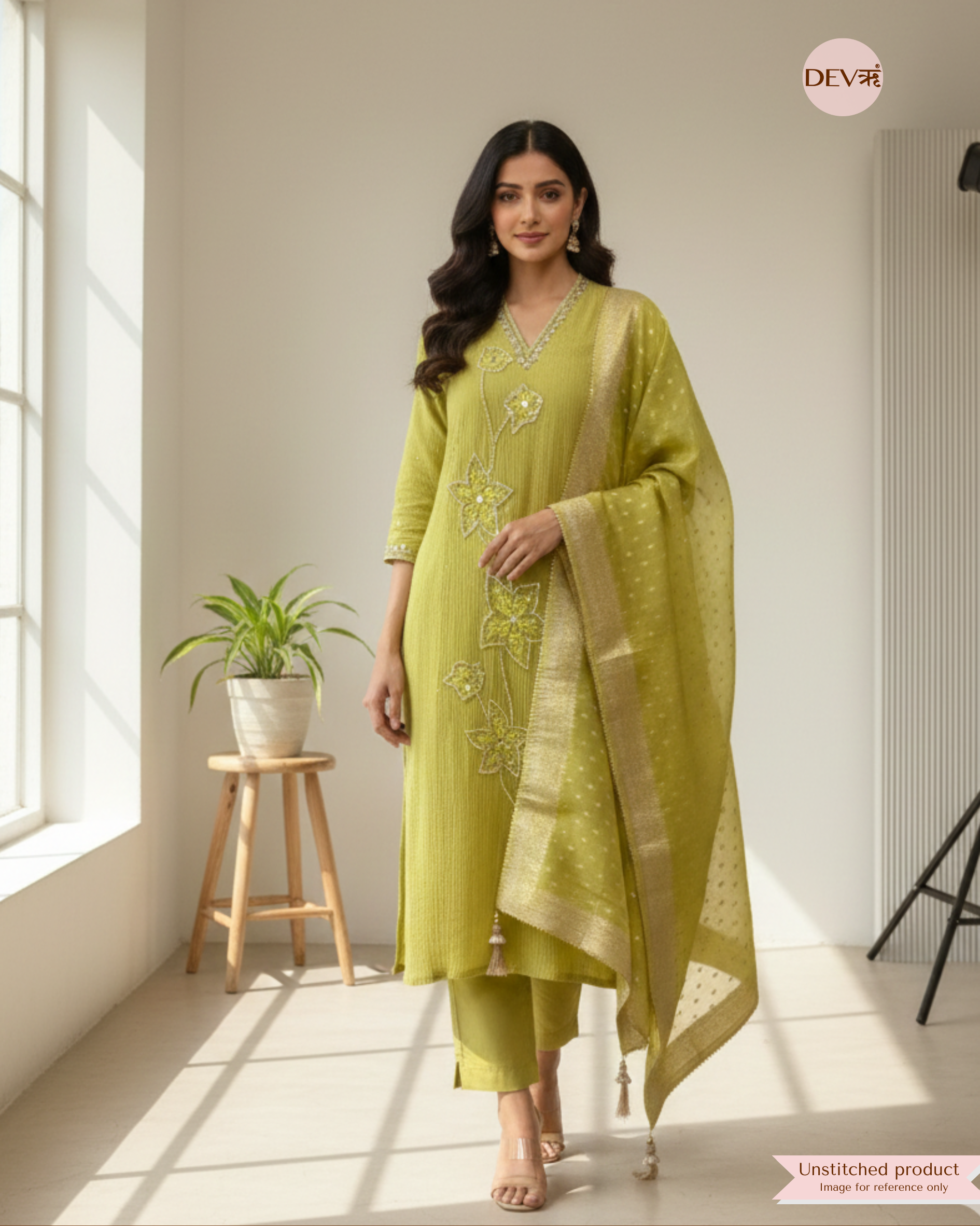 Lime Green Pure Chinon Unstitched Hand Embroidered -Set Of 3 {11567}