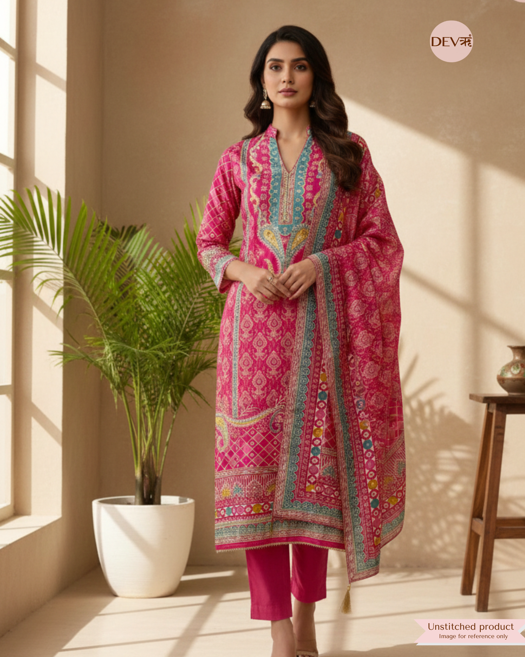 Rani Pink Russian Silk Printed Unstitched 3-Piece Suit (Devri – D.No 12271)