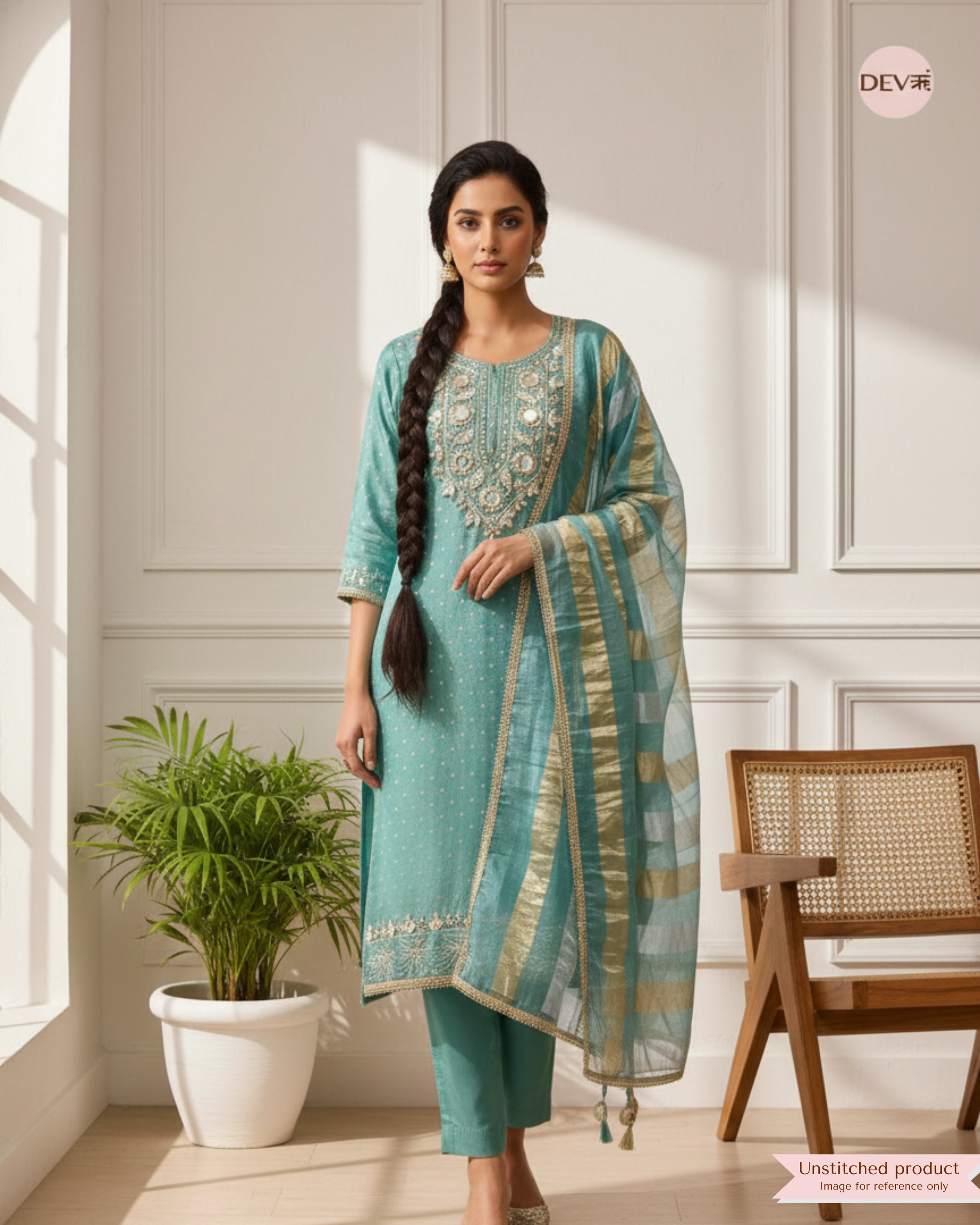Sea Green Tissue Silk Embroidered Unstitched 3-Piece Suit (Devri – D.No 12380)
