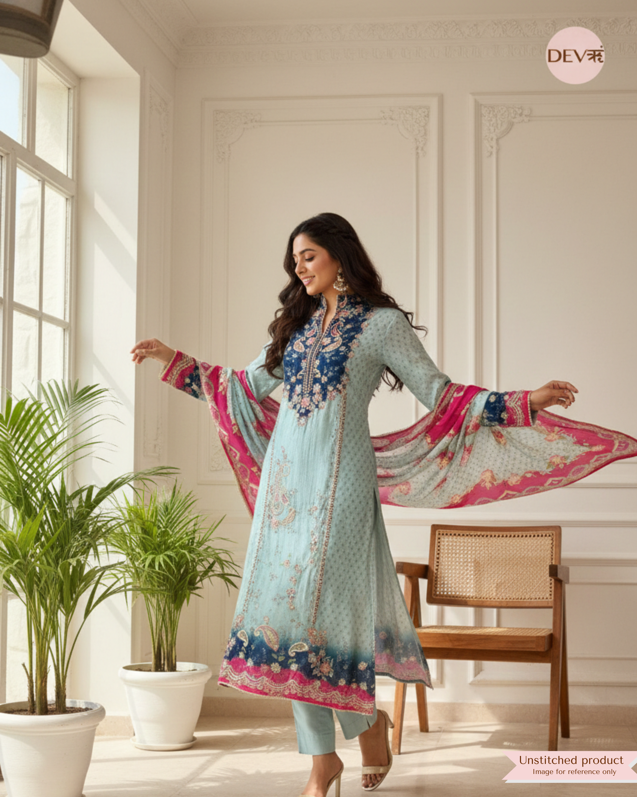 Teal and Navy Muslin Printed Unstitched 3-Piece Suit (Devri – D.No 12377)