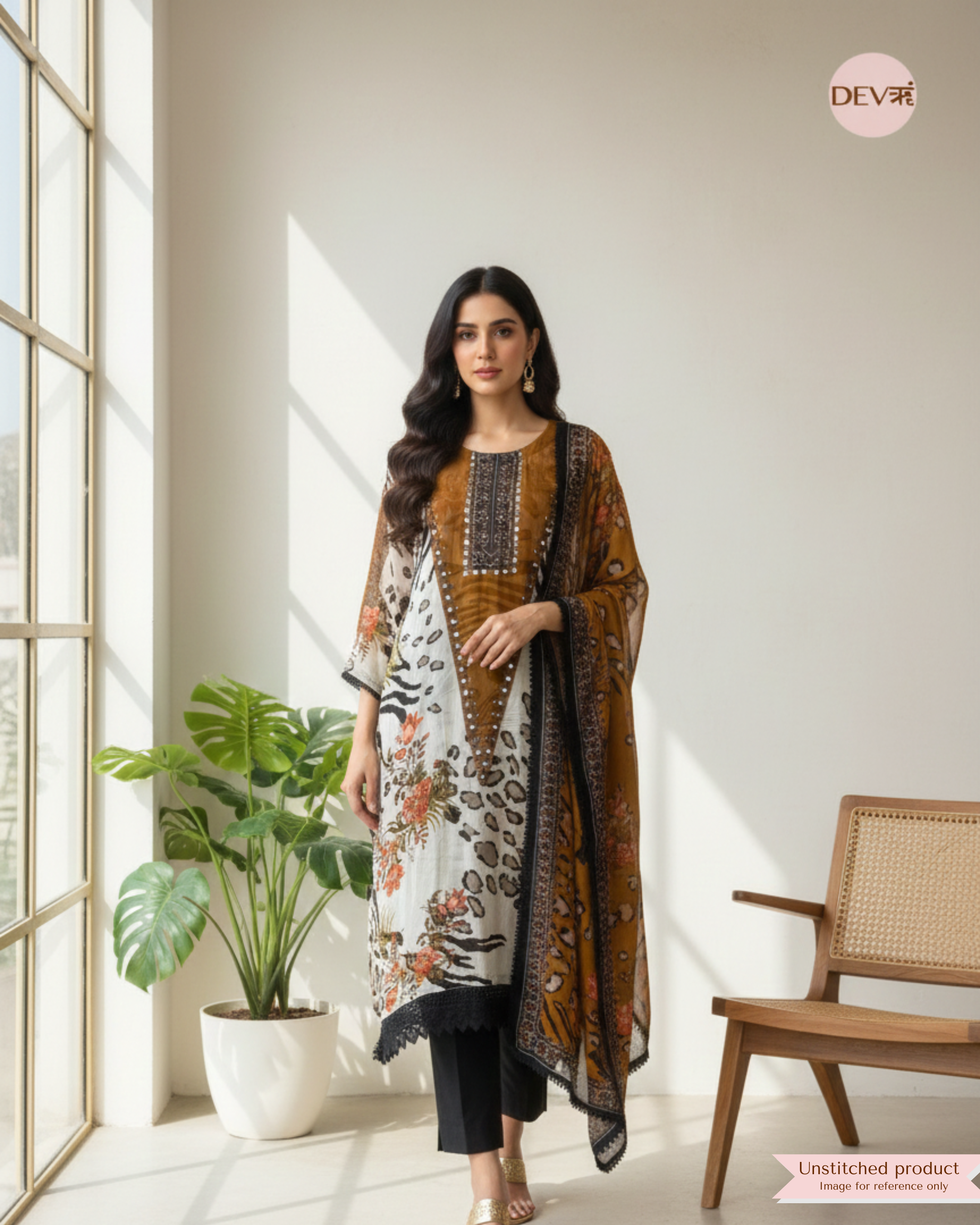 Brown/Cream Organza Printed Semi Stitched Hand Embroidered -Set Of 3 {11654}