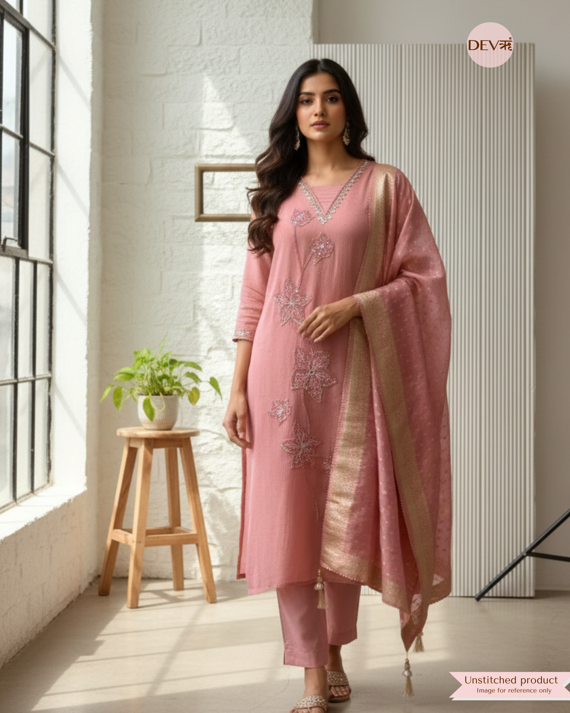 Pink Pure Chinon Unstitched Hand Embroidered -Set Of 3 {11566}