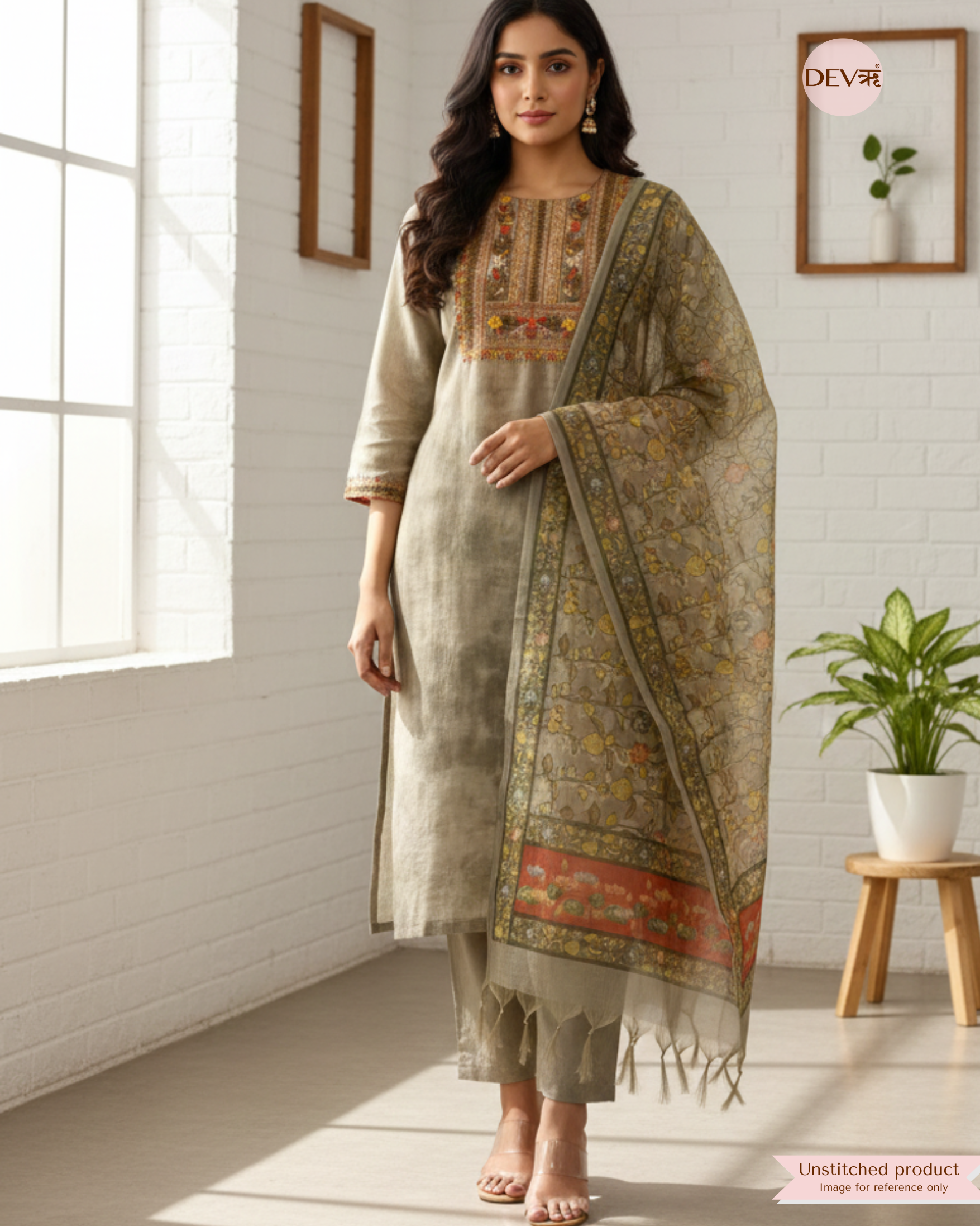 Olive Grey Linen Hand Embroidered Unstitched 3-Piece Suit (Devri – D.No 12352)