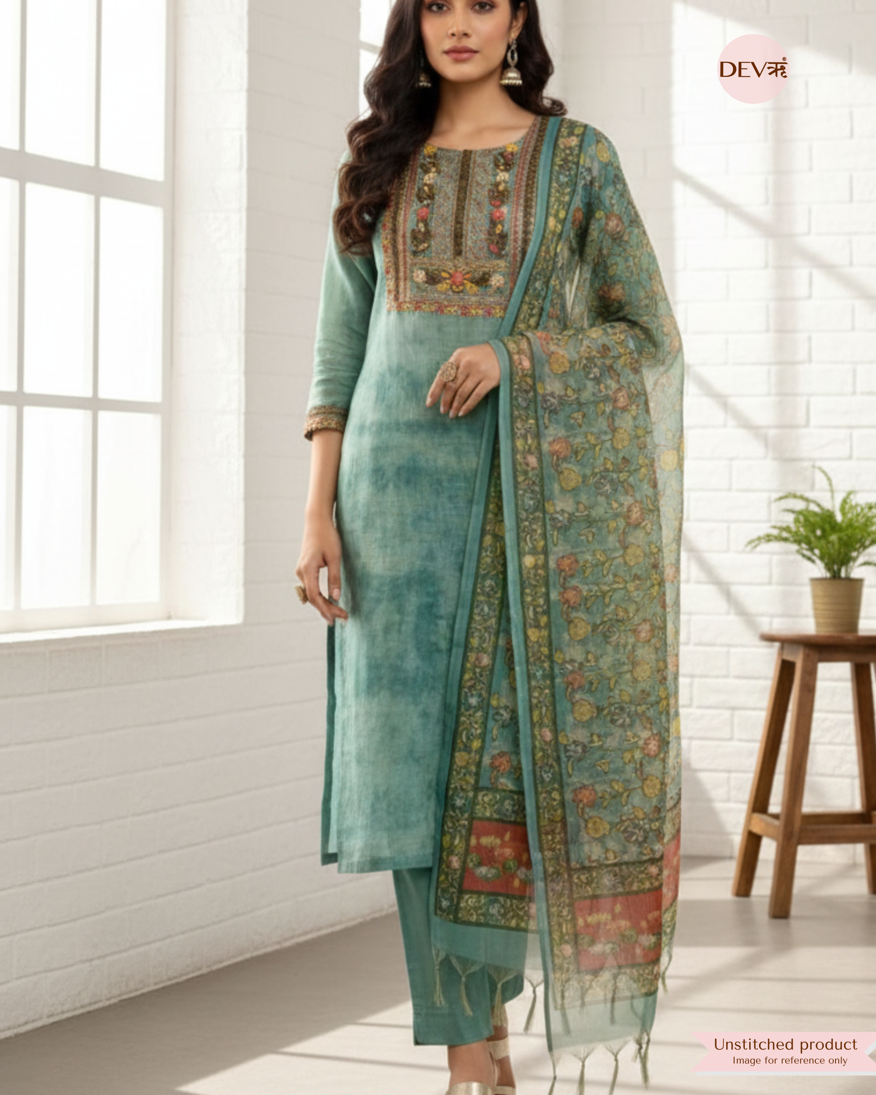 Teal Green Linen Embroidered Unstitched 3-Piece Suit (Devri – D.No 12351)