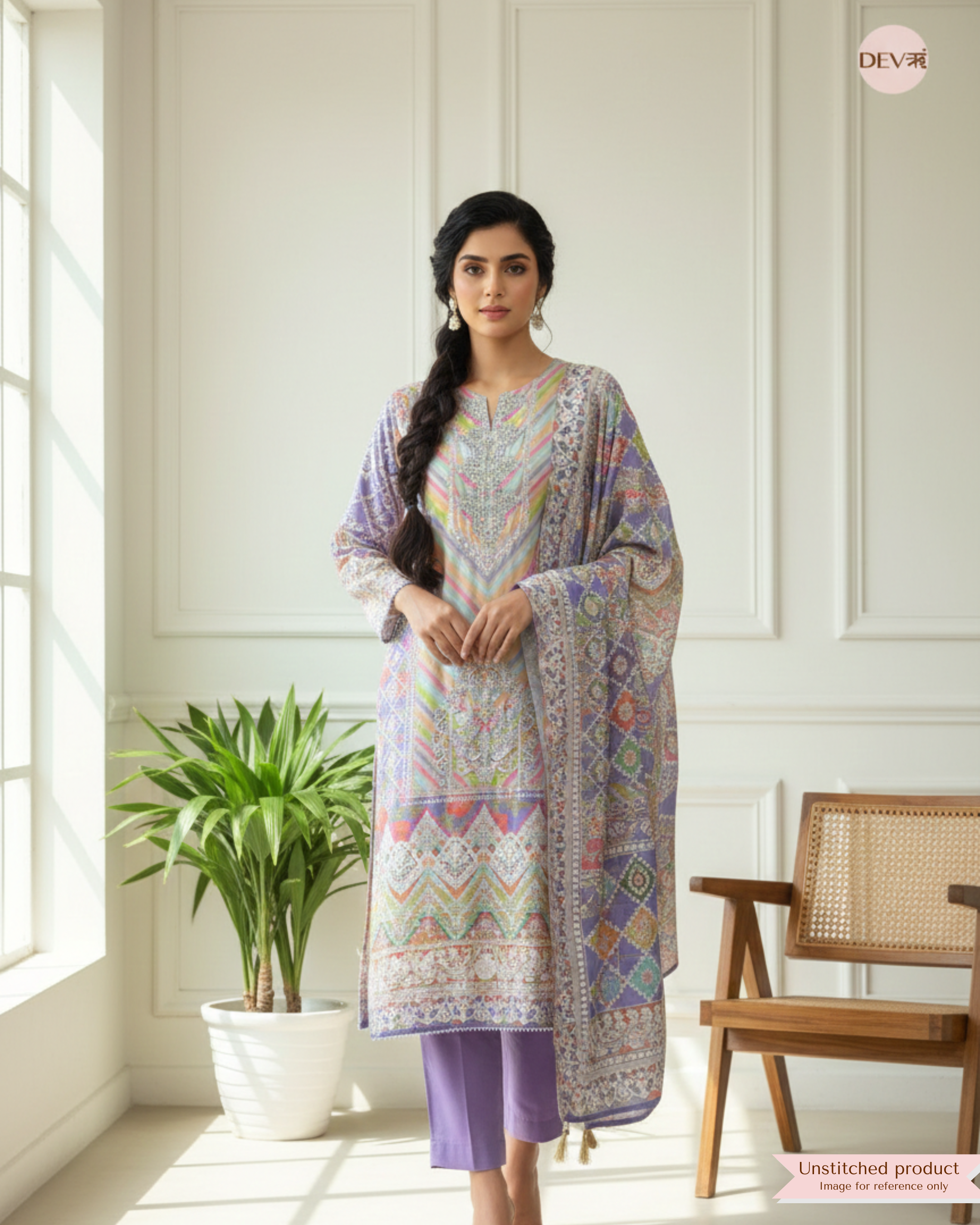 Multicolour Muslin Printed Unstitched 3-Piece Suit (Devri – D.No 12383)