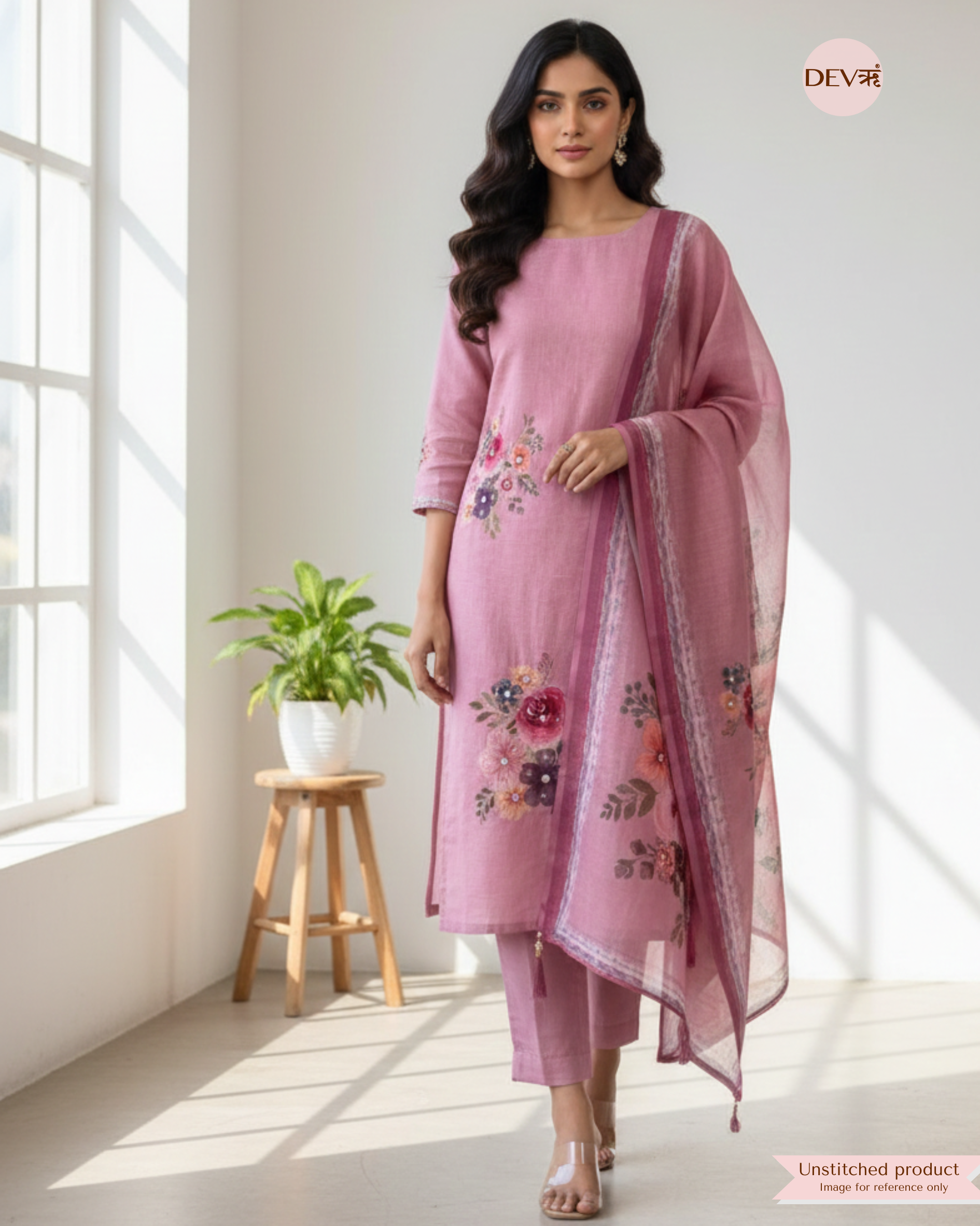 Rose Pink Linen Printed Unstitched 3-Piece Suit (Devri – D.No 12374)