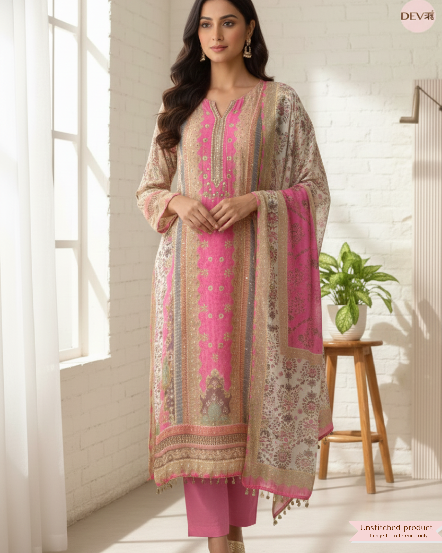 Pink Organza Printed Unstitched 3-Piece Suit (Devri – D.No 12360)