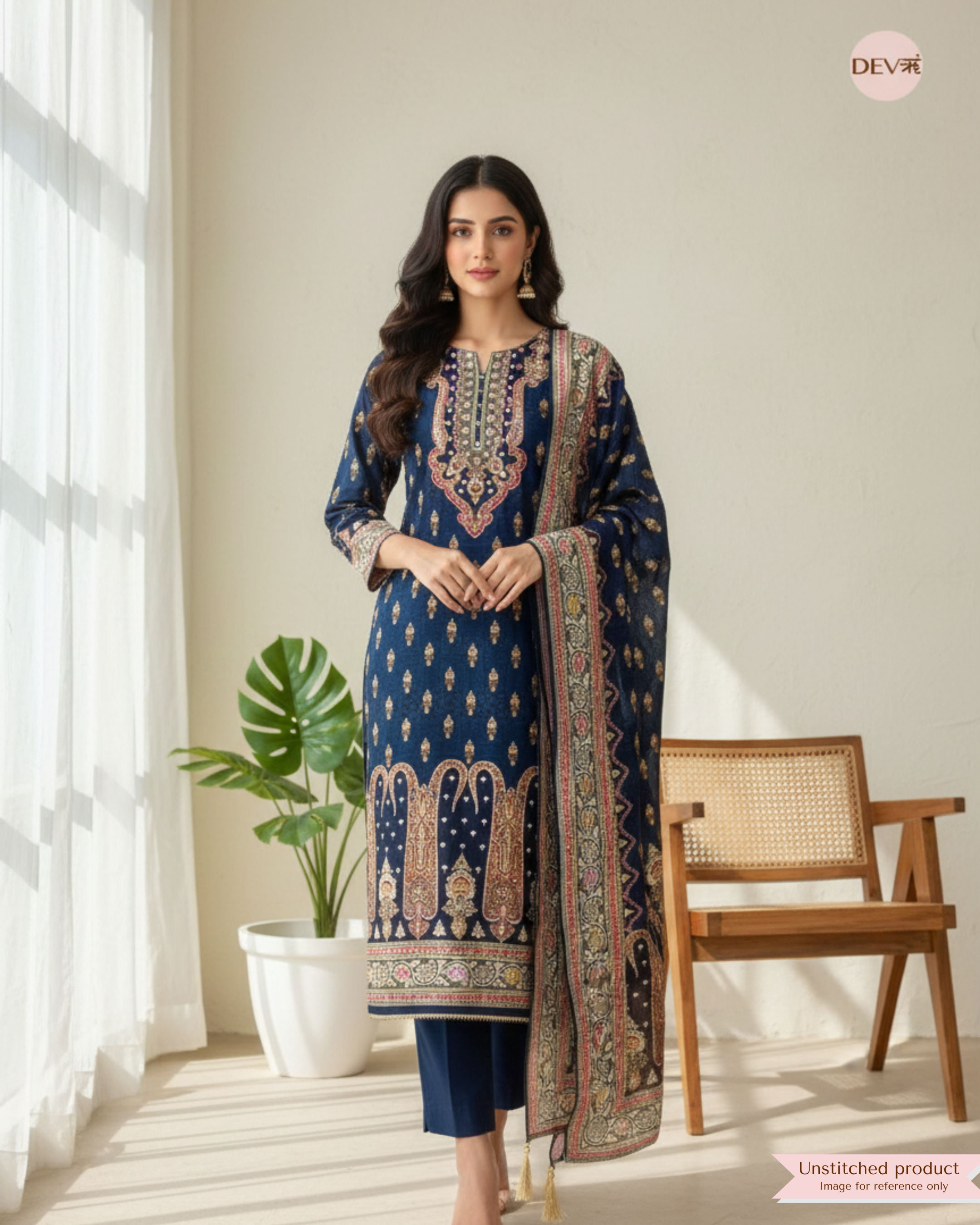 Deep Navy Russian Silk Printed Unstitched 3-Piece Suit (Devri – D.No 11470)