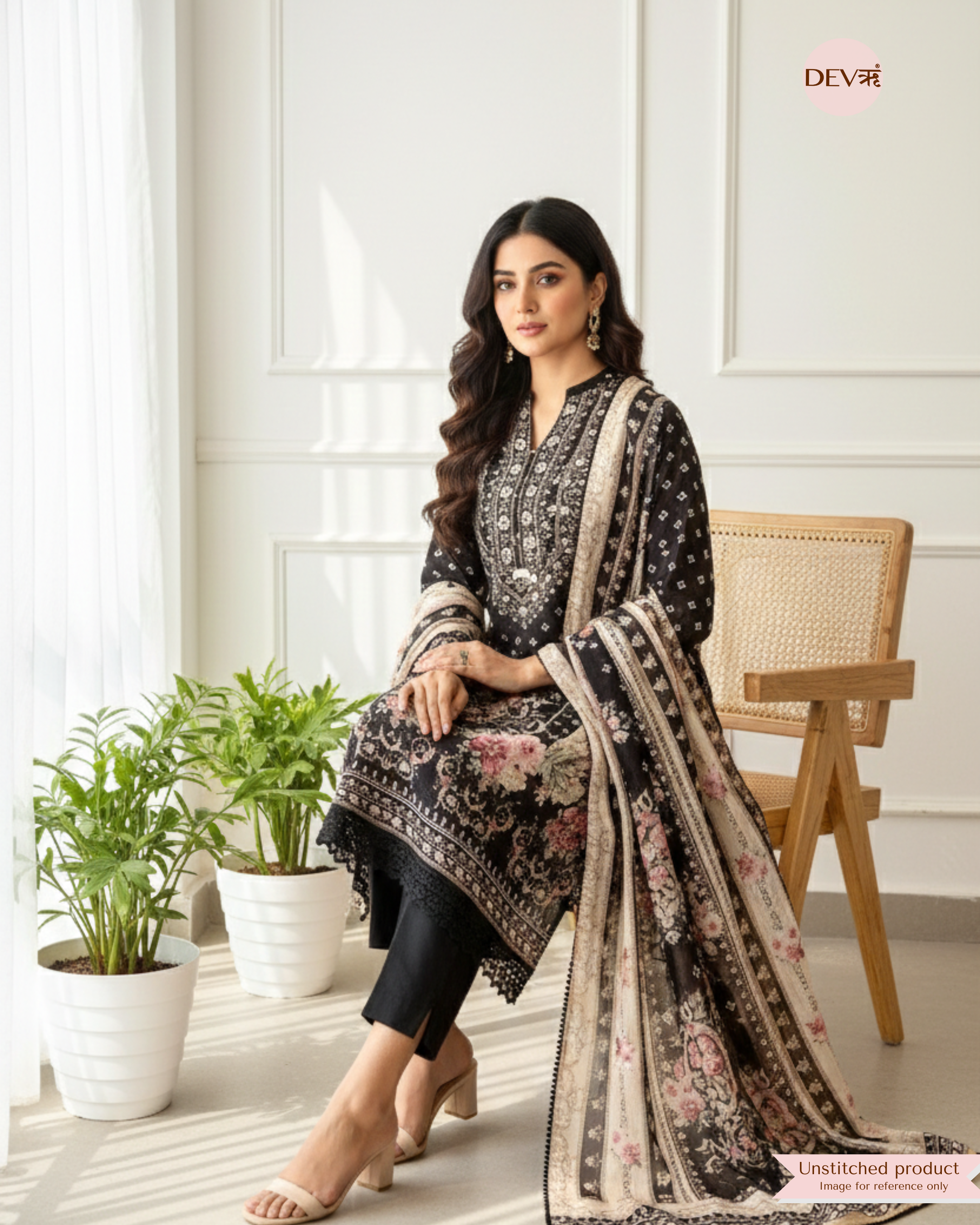 Black Organza Semi Stitched Printed Mirror -Set Of 3 {10759}