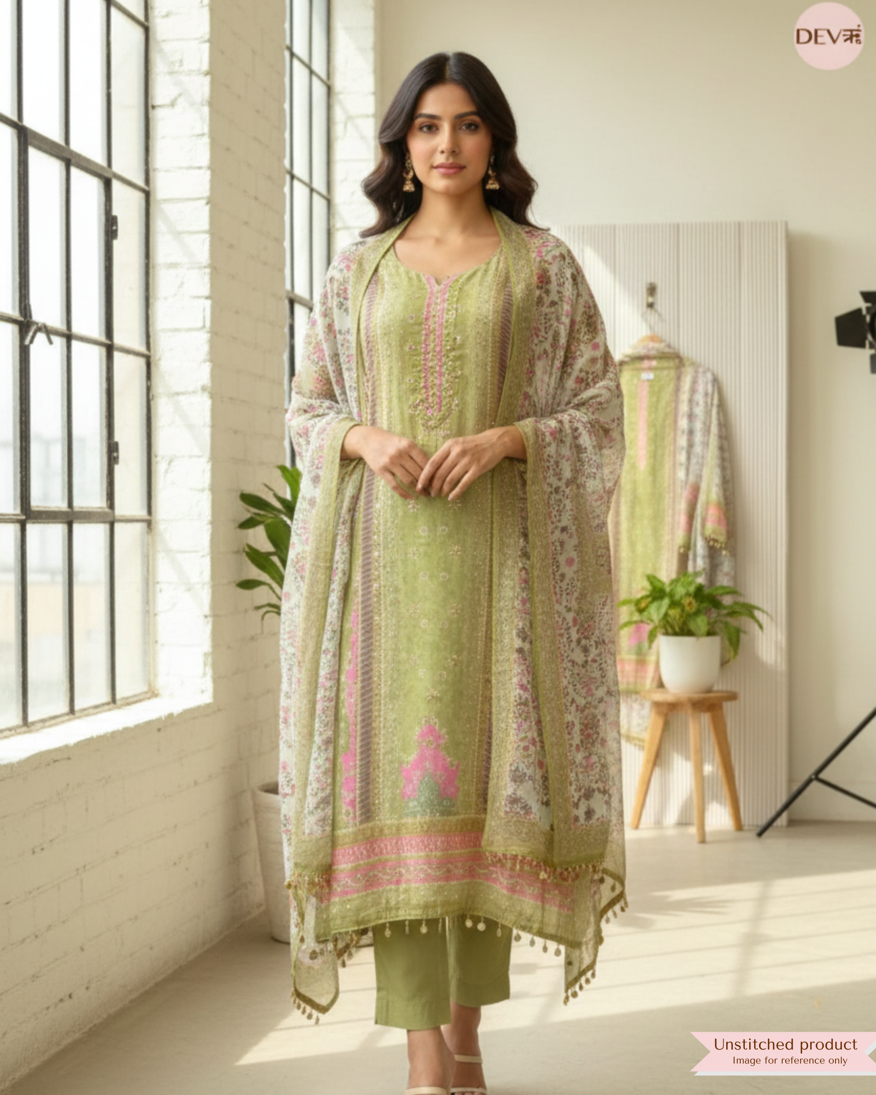 Sage Green Organza Printed Unstitched 3-Piece Suit (Devri – D.No 12358)