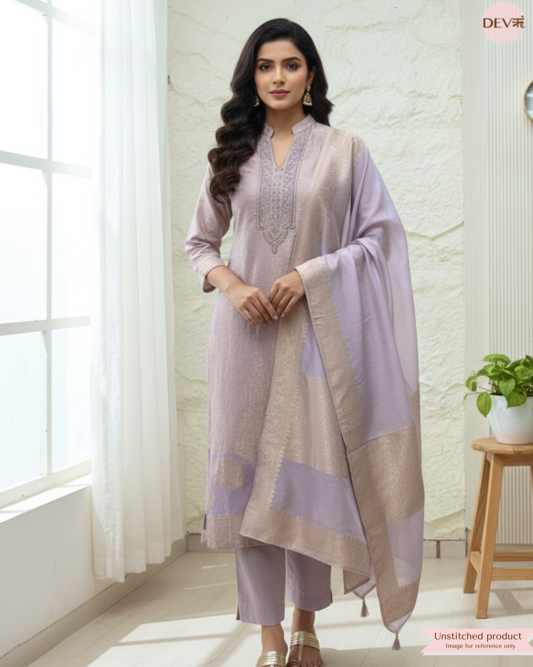 Lavender Mauve Pure Banarasi Silk Embroidered Unstitched 3-Piece Suit (Devri – D.No 12339)