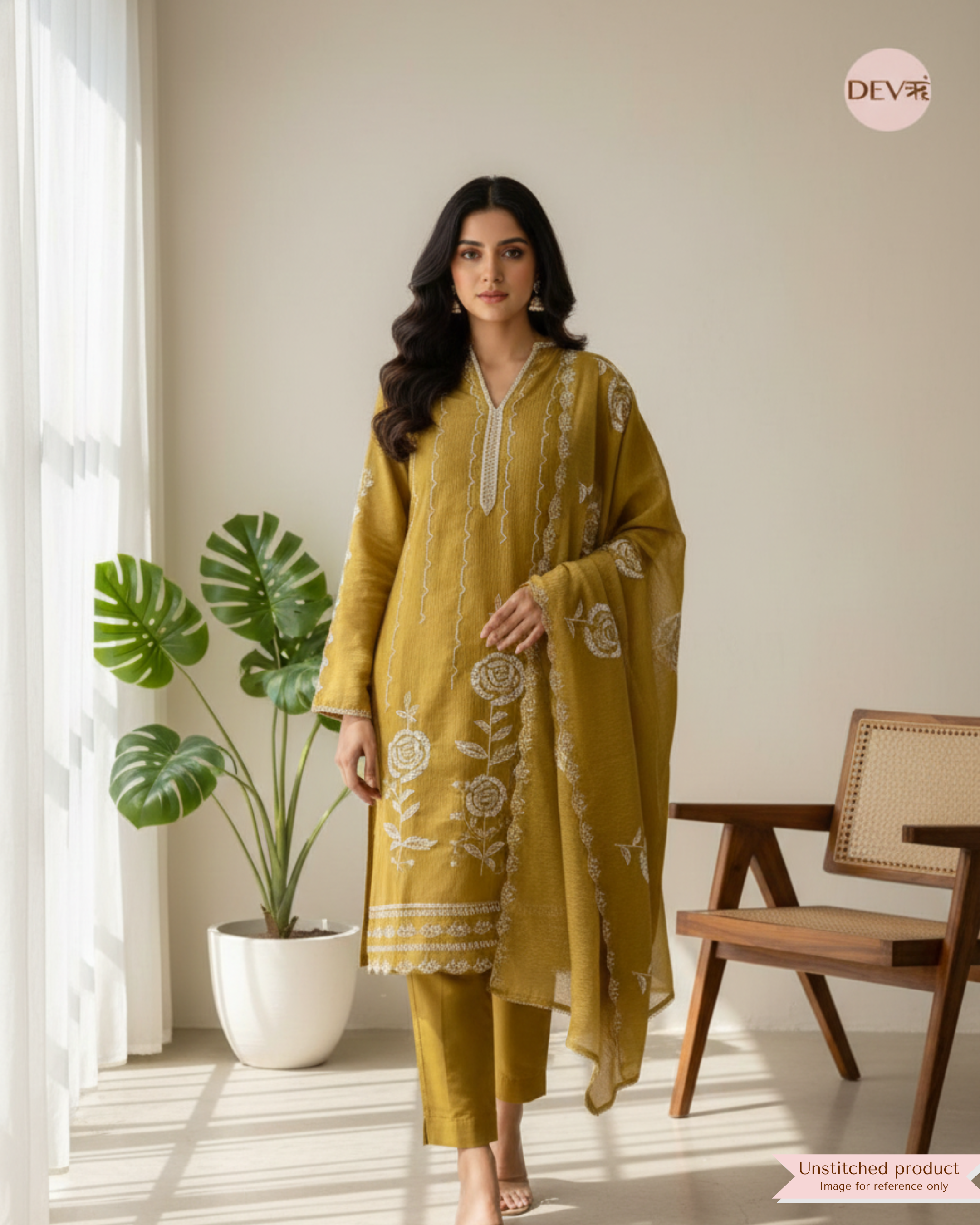 Yellow Pure Tissue Crush Unstitched Hand Embroidered -Set Of 3 - {11920}