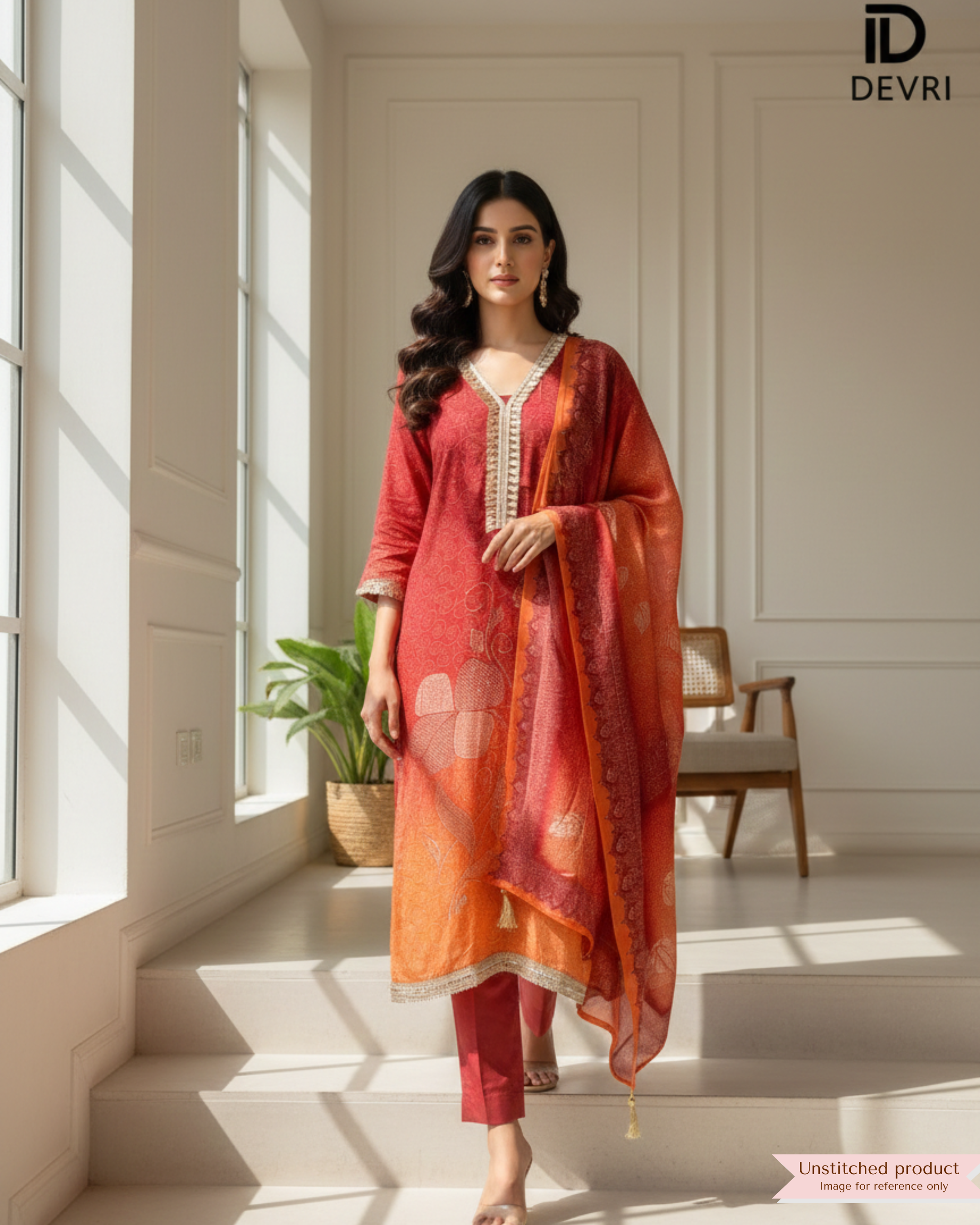 Red & Orange Silk Semi stitched Hand Embroidered -Set Of 3 {11727}
