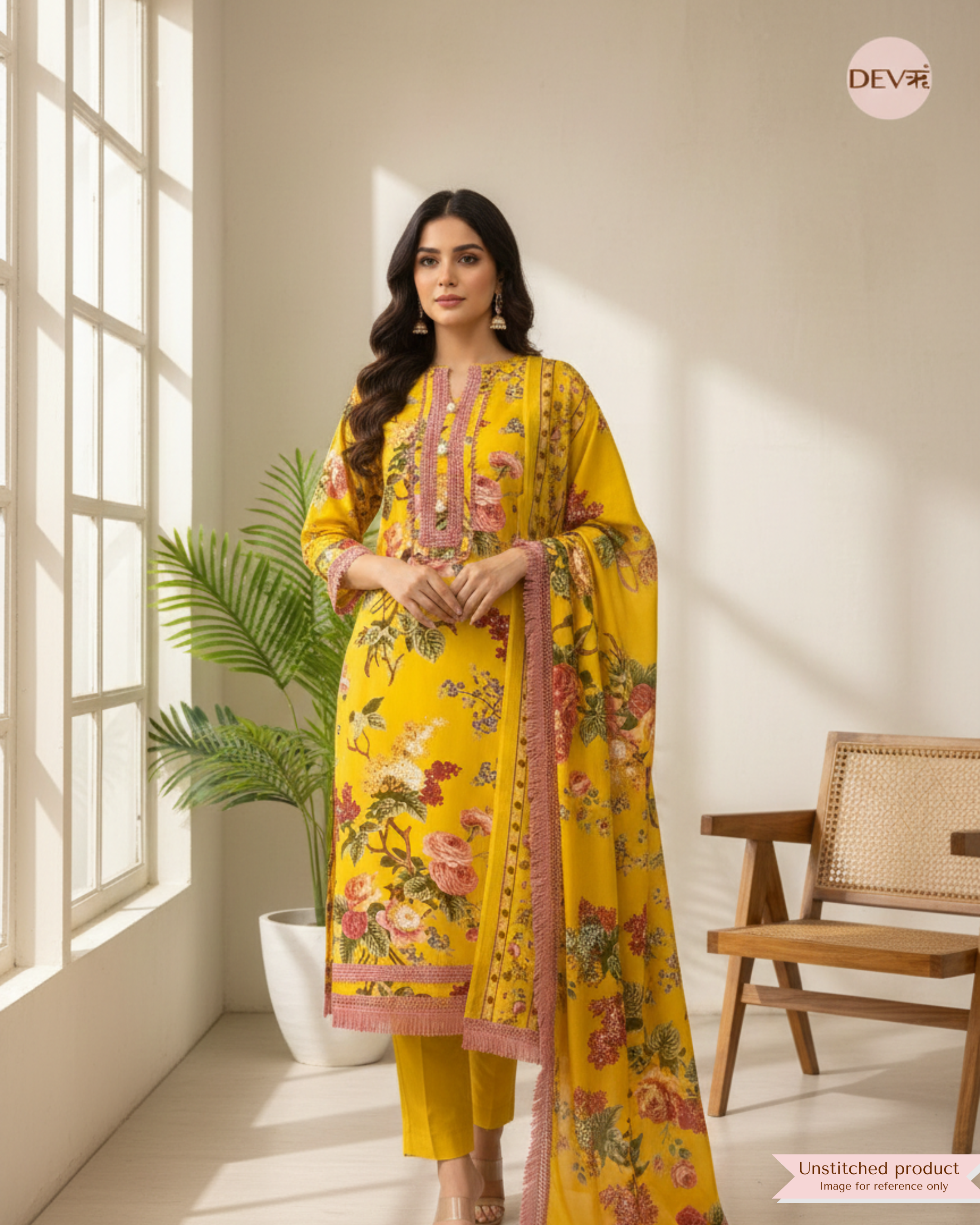 Yellow Pure Cotton Printed Unstitched 3-Piece Suit (Devri – D.No 20002)